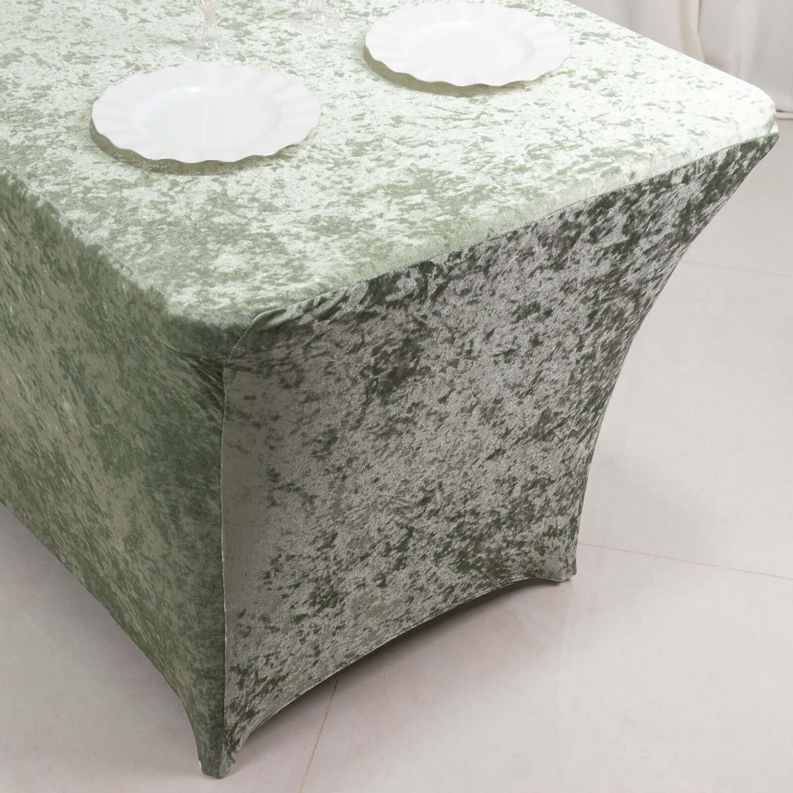 Crushed Velvet Fitted Rectangular 6ft Table Cover Sage Green - Wrinkle-Free Stretchy Tablecloth - Image 3