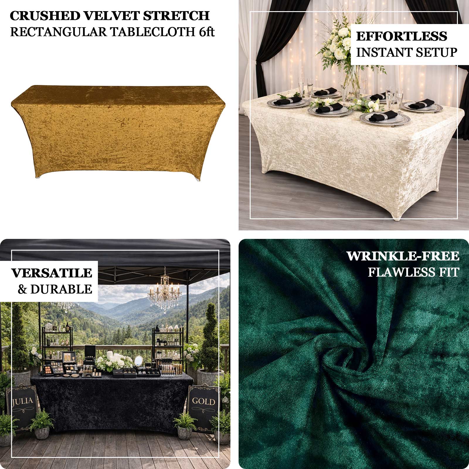 Crushed Velvet Fitted Rectangular 6ft Table Cover Sage Green - Wrinkle-Free Stretchy Tablecloth - Image 4