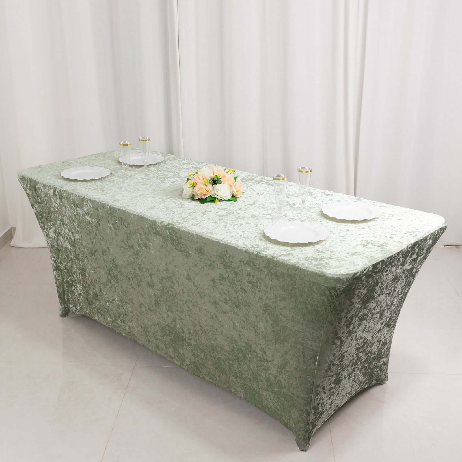 Crushed Velvet Fitted Rectangular 6ft Table Cover Sage Green - Wrinkle-Free Stretchy Tablecloth - Image 7