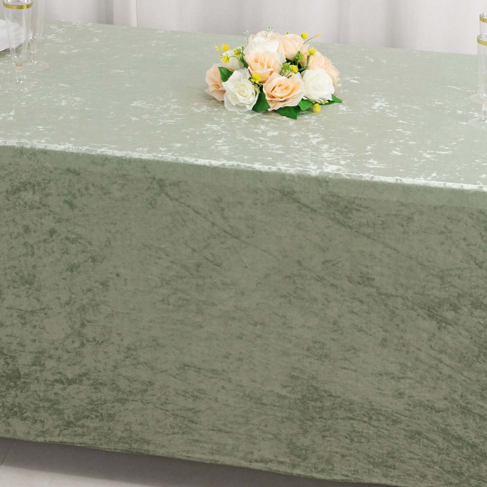 Crushed Velvet Fitted Rectangular 6ft Table Cover Sage Green - Wrinkle-Free Stretchy Tablecloth - Image 9