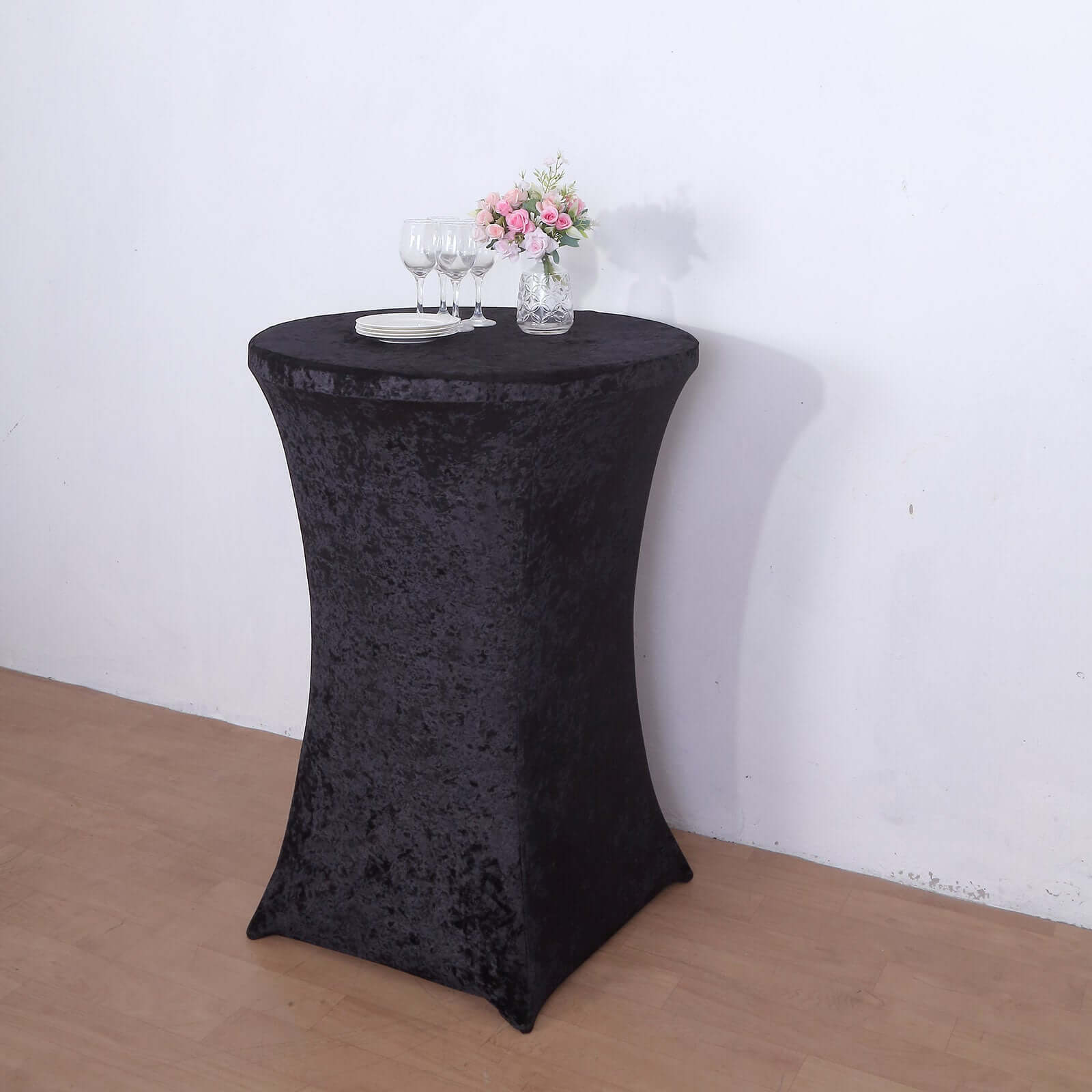 Crushed Velvet Spandex 30" Round Cocktail Table Cover Black Smooth Highboy Tablecloth - Image 3