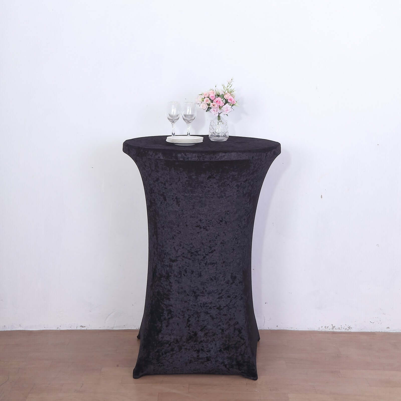 Crushed Velvet Spandex 30" Round Cocktail Table Cover Black Smooth Highboy Tablecloth - Image 6