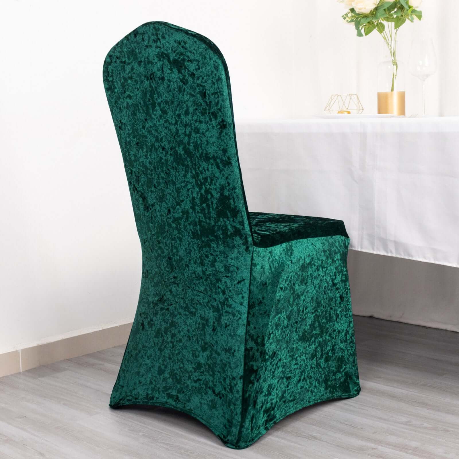 Crushed Velvet Spandex Banquet Chair Cover Fitted Slipcover Hunter Emerald Green - Stretch 190GSM Slipcover with Foot Pockets - Image 3