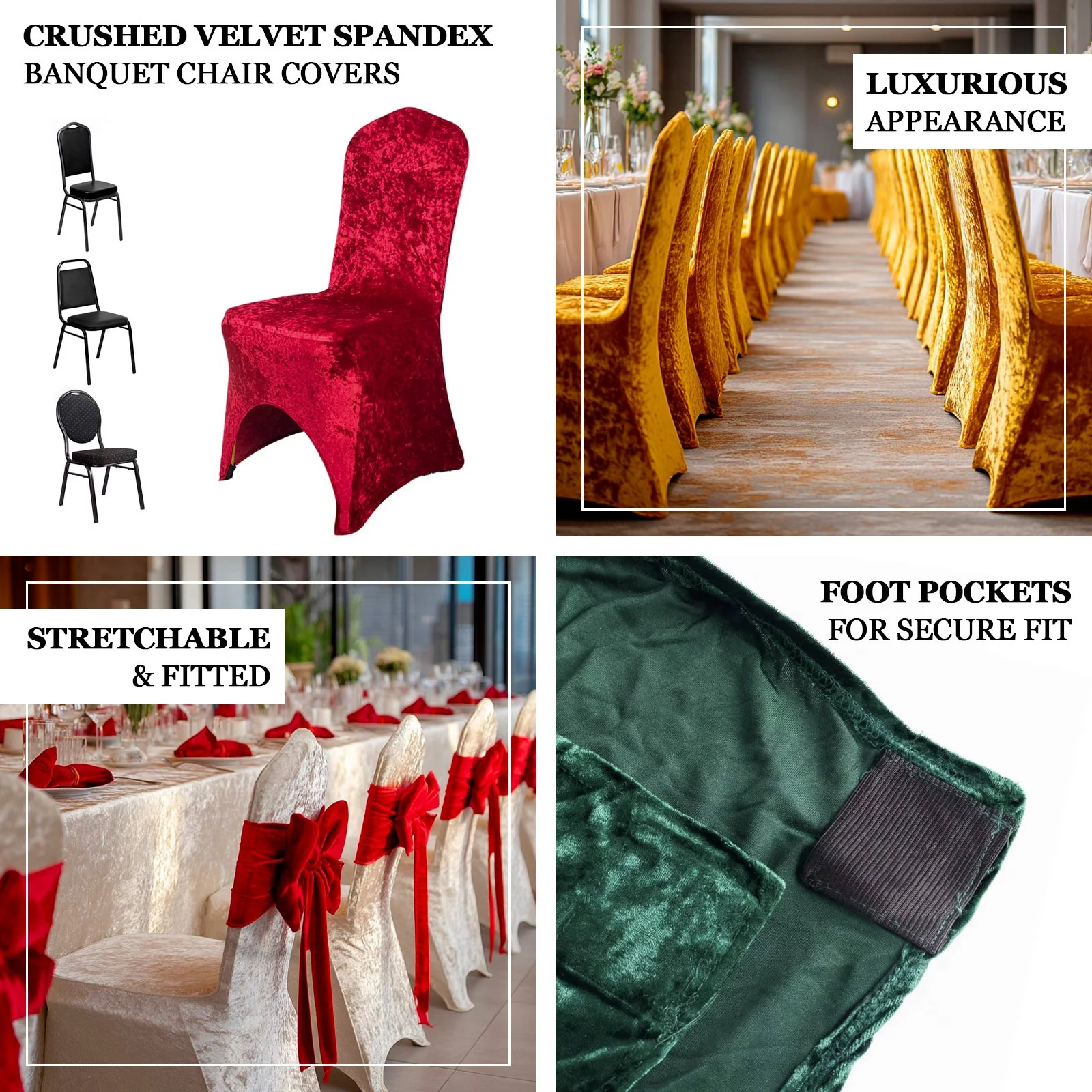 Crushed Velvet Spandex Banquet Chair Cover Fitted Slipcover Hunter Emerald Green - Stretch 190GSM Slipcover with Foot Pockets - Image 4
