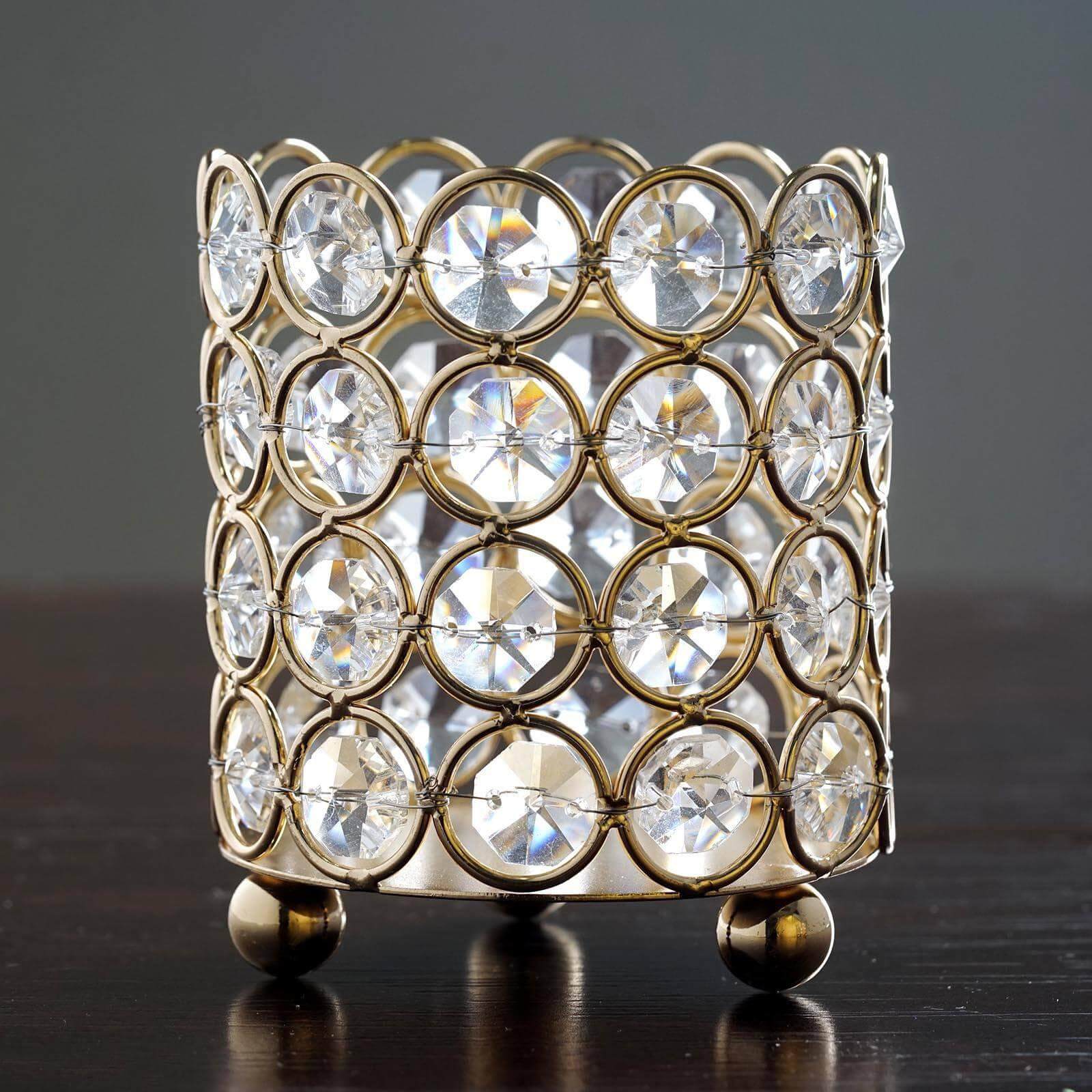 Crystal Beaded Metal Votive Tealight Holder Gold - Stylish Multipurpose Table Vase for Decor 4" - Image 2