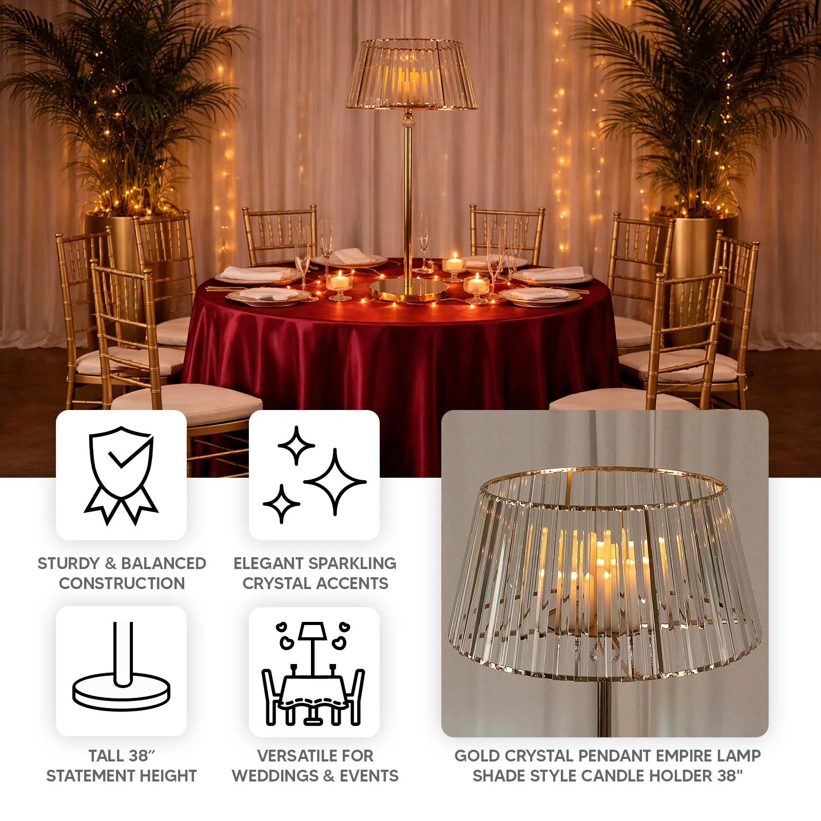 38" Crystal Pendant Candle Holders, Classic Empire Lamp Shade Style in Gold, Votive Candle Stand for Table Centerpieces - Image 4