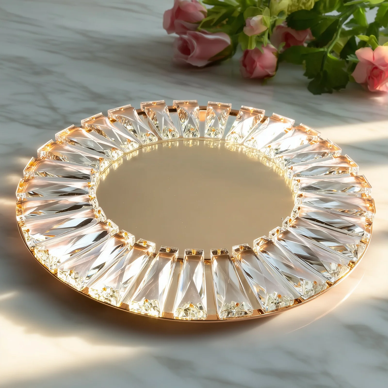 2 Pack 14" Crystal Pendant Metal Charger Plates – Gold Mirror Glass Decorative Round Table Chargers - Image 8