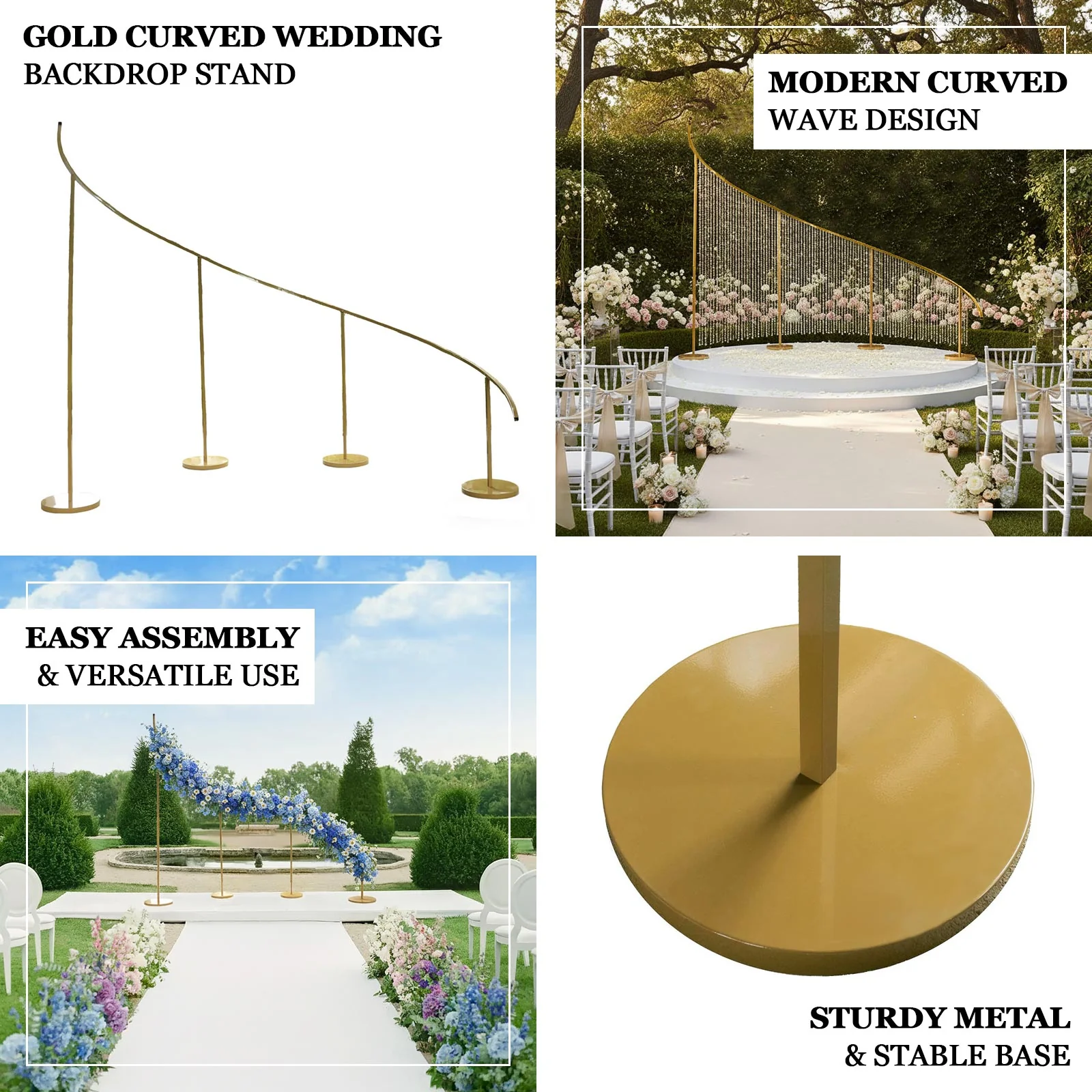 8ft x 12ft Curved Wave Wedding Arch Backdrop Stand Gold – Right Side Heavy-Duty Metal Frame with Round Bases for Balloon & Floral Décor - Image 4