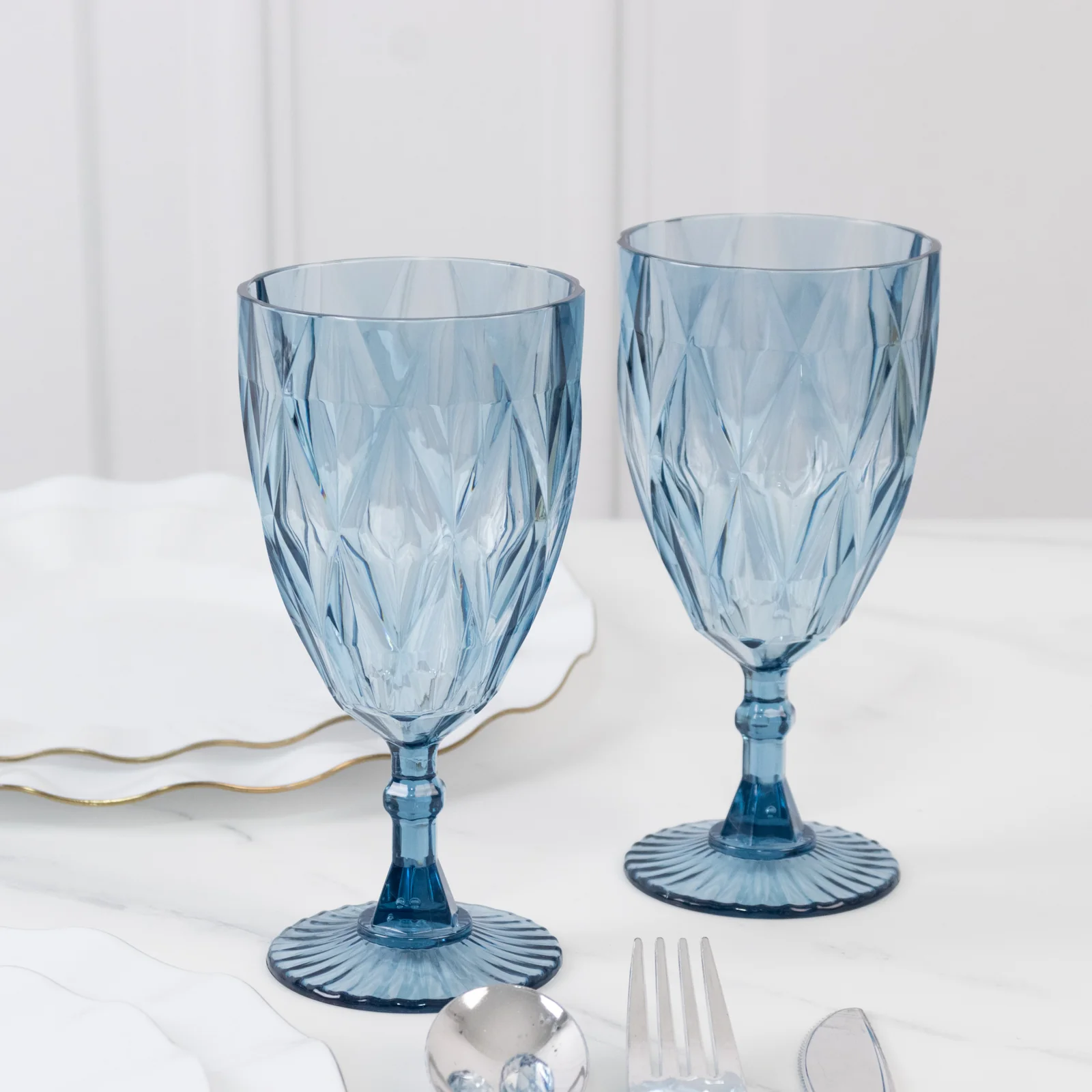 12 Pack Vintage Diamond Cut Plastic Goblets – Dusty Blue 11oz Reusable Wine & Beverage Glasses - Image 8
