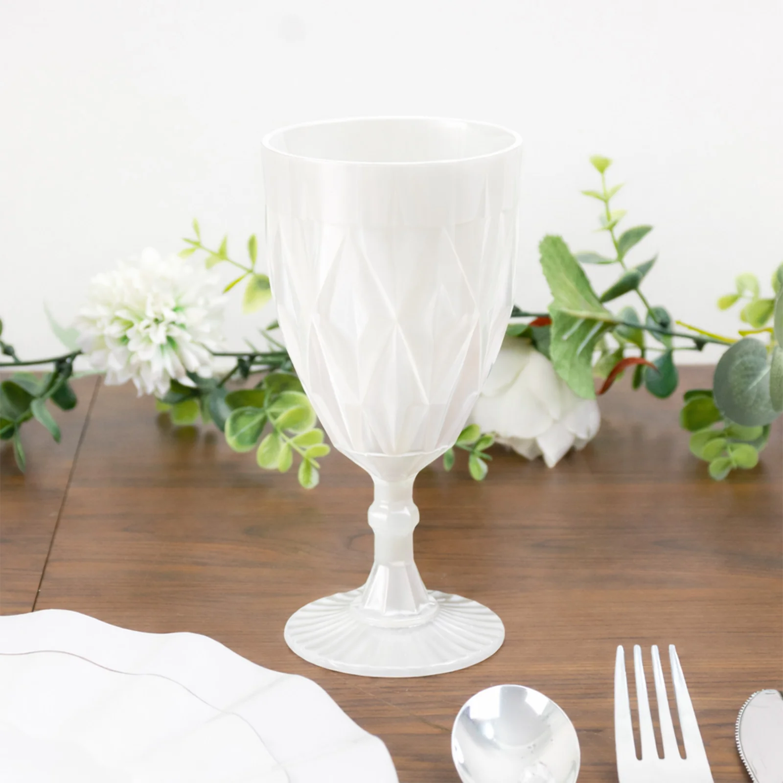 12 Pack Vintage Diamond Cut Plastic Goblets – Pearl White 11oz Reusable Wine & Beverage Glasses - Image 6