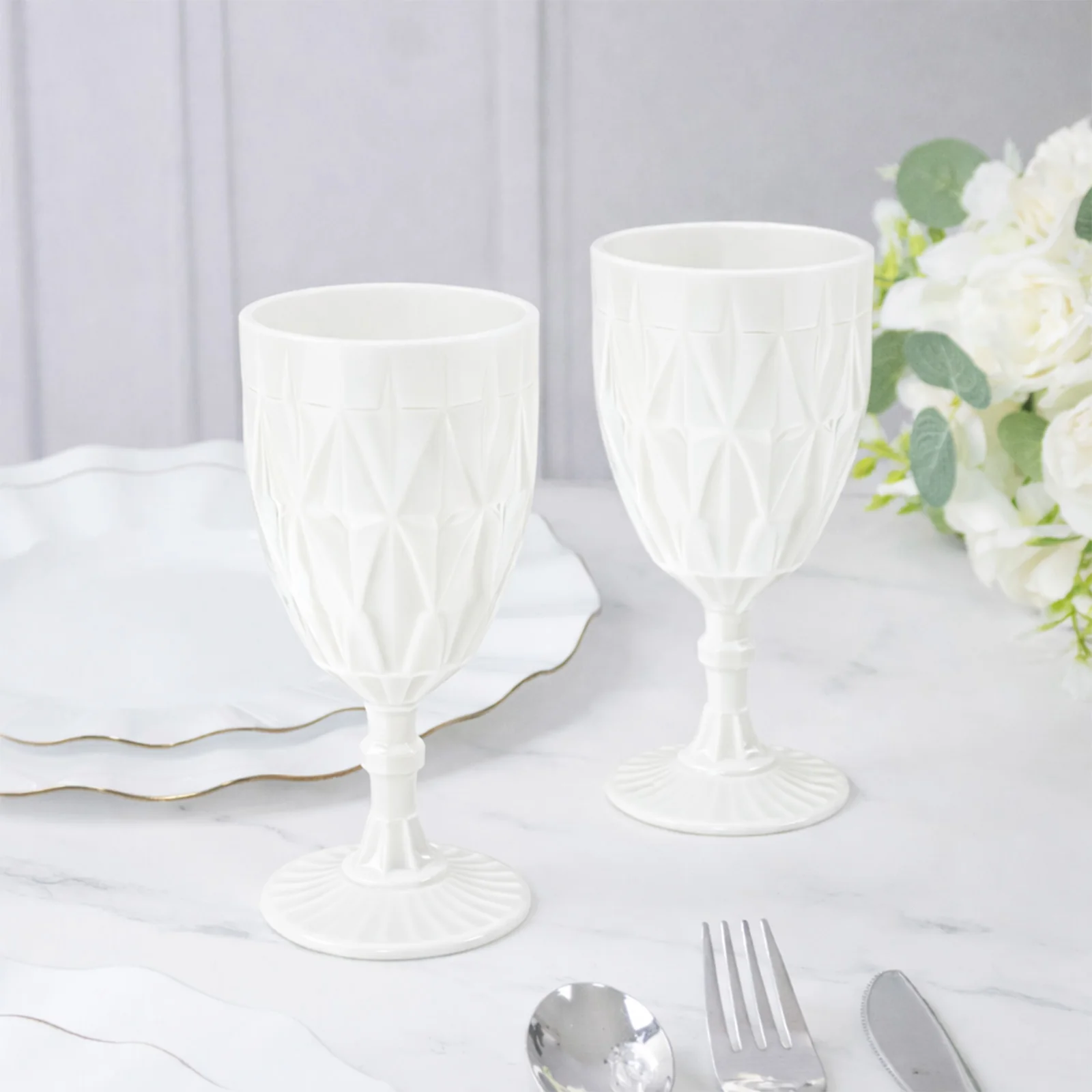 12 Pack Vintage Diamond Cut Plastic Goblets – Pearl White 11oz Reusable Wine & Beverage Glasses - Image 7