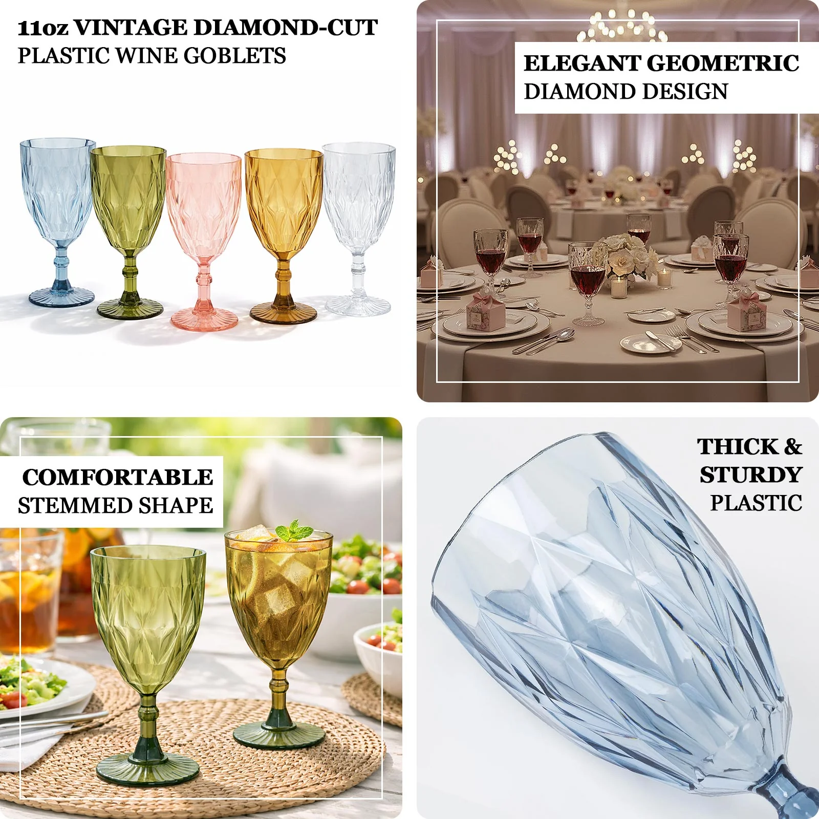 12 Pack Vintage Diamond Cut Plastic Goblets – Amber Gold 11oz Reusable Wine & Beverage Glasses - Image 4