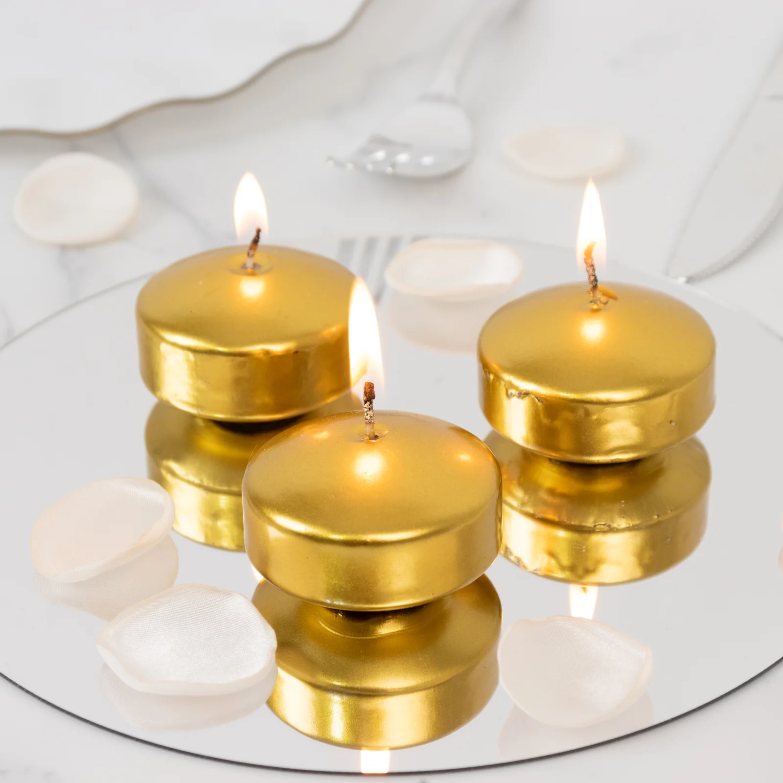12 Pack 2" Metallic Gold Floating Candles – Unscented Dripless Long-Lasting Disc Wax Candles for Weddings & Table Décor - Image 3