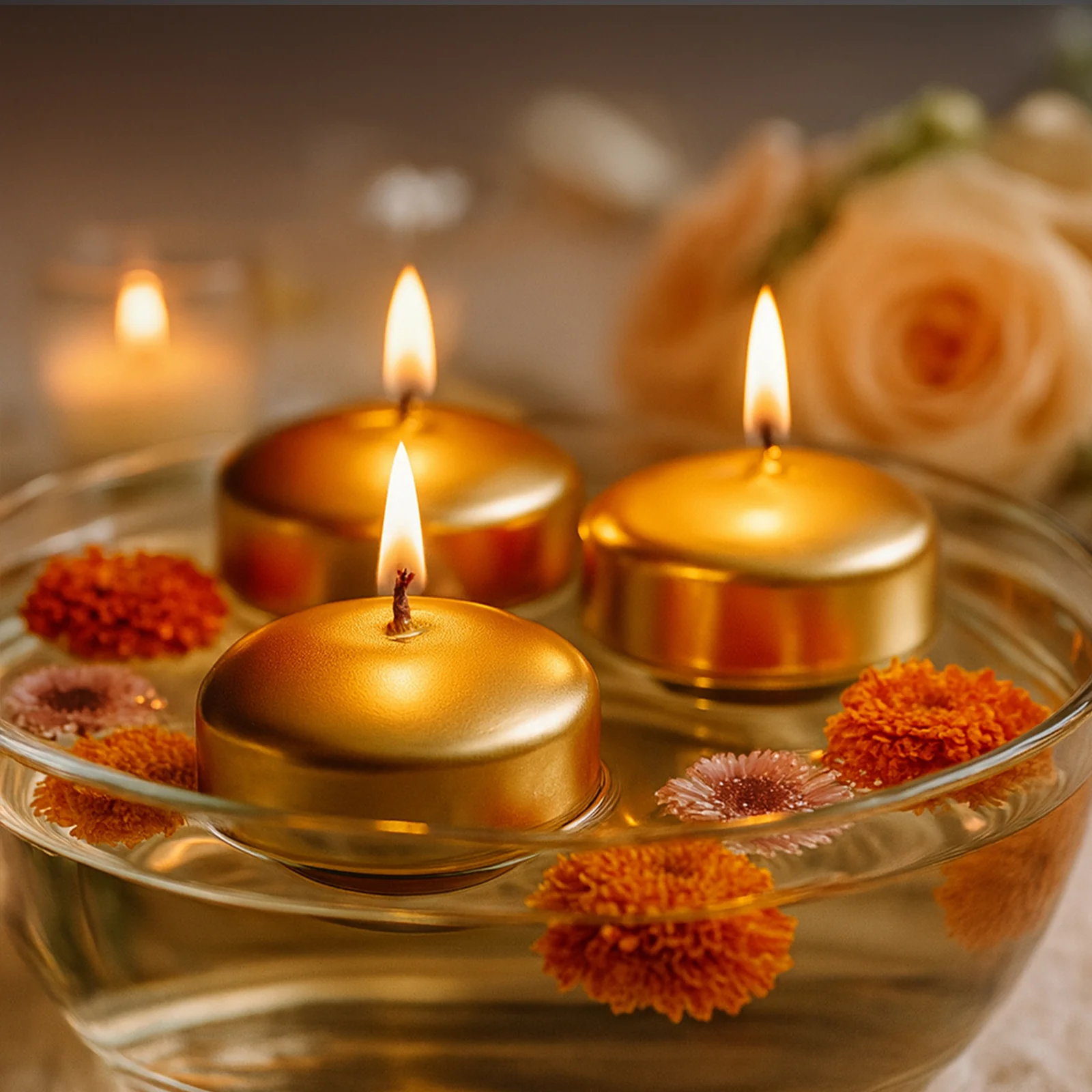 12 Pack 2" Metallic Gold Floating Candles – Unscented Dripless Long-Lasting Disc Wax Candles for Weddings & Table Décor - Image 8