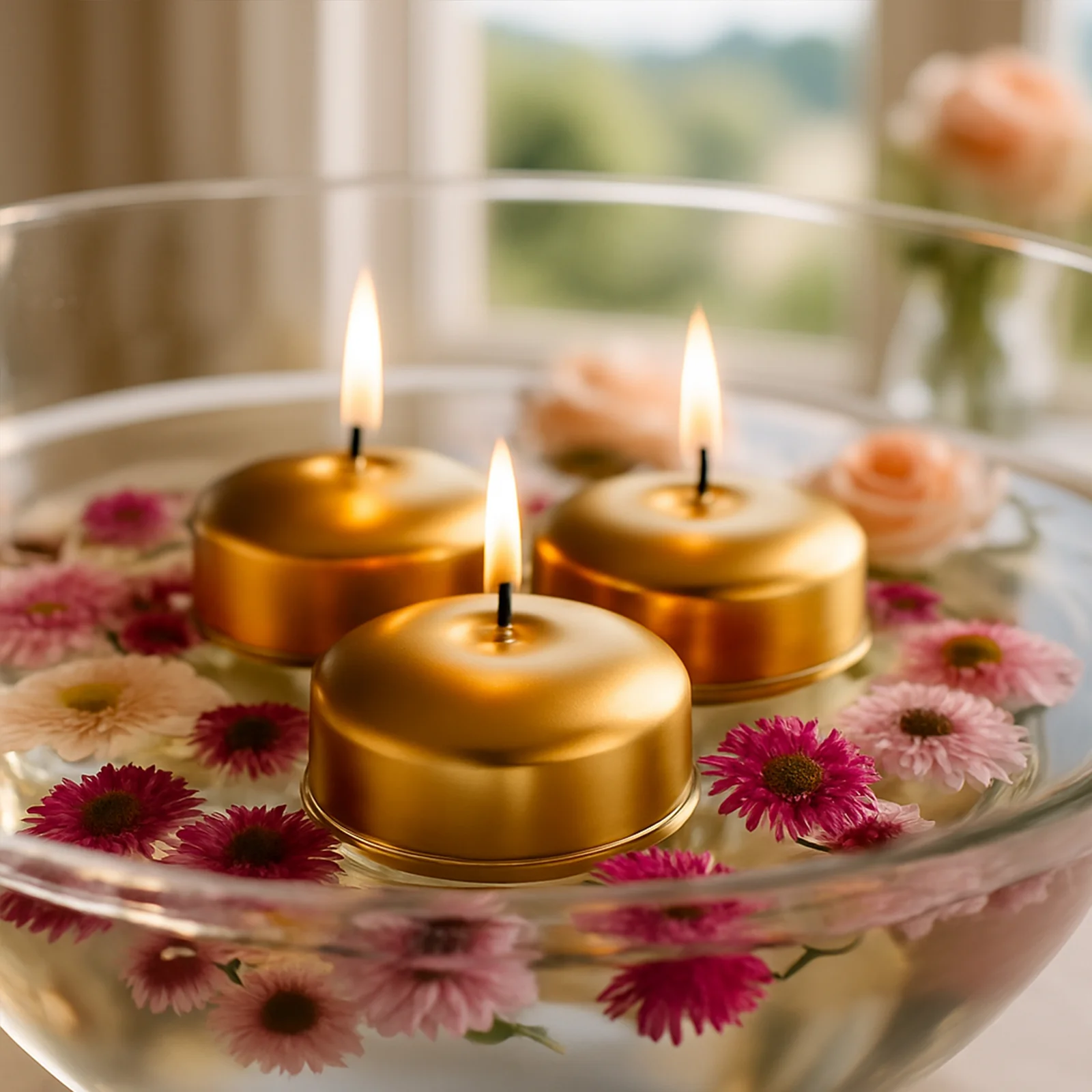 12 Pack 2" Metallic Gold Floating Candles – Unscented Dripless Long-Lasting Disc Wax Candles for Weddings & Table Décor - Image 9