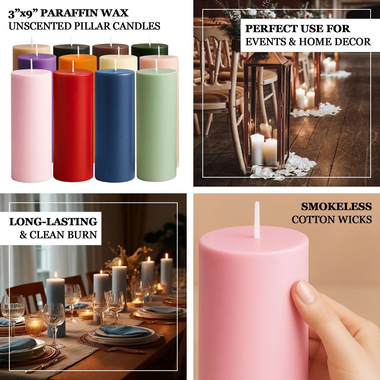 6-Pack Unscented Dripless Pillar Candles – 3"x9" Blush Paraffin Wax with Smokeless Cotton Wicks, Clean & Long-Lasting 90-Hour Burn - Image 4