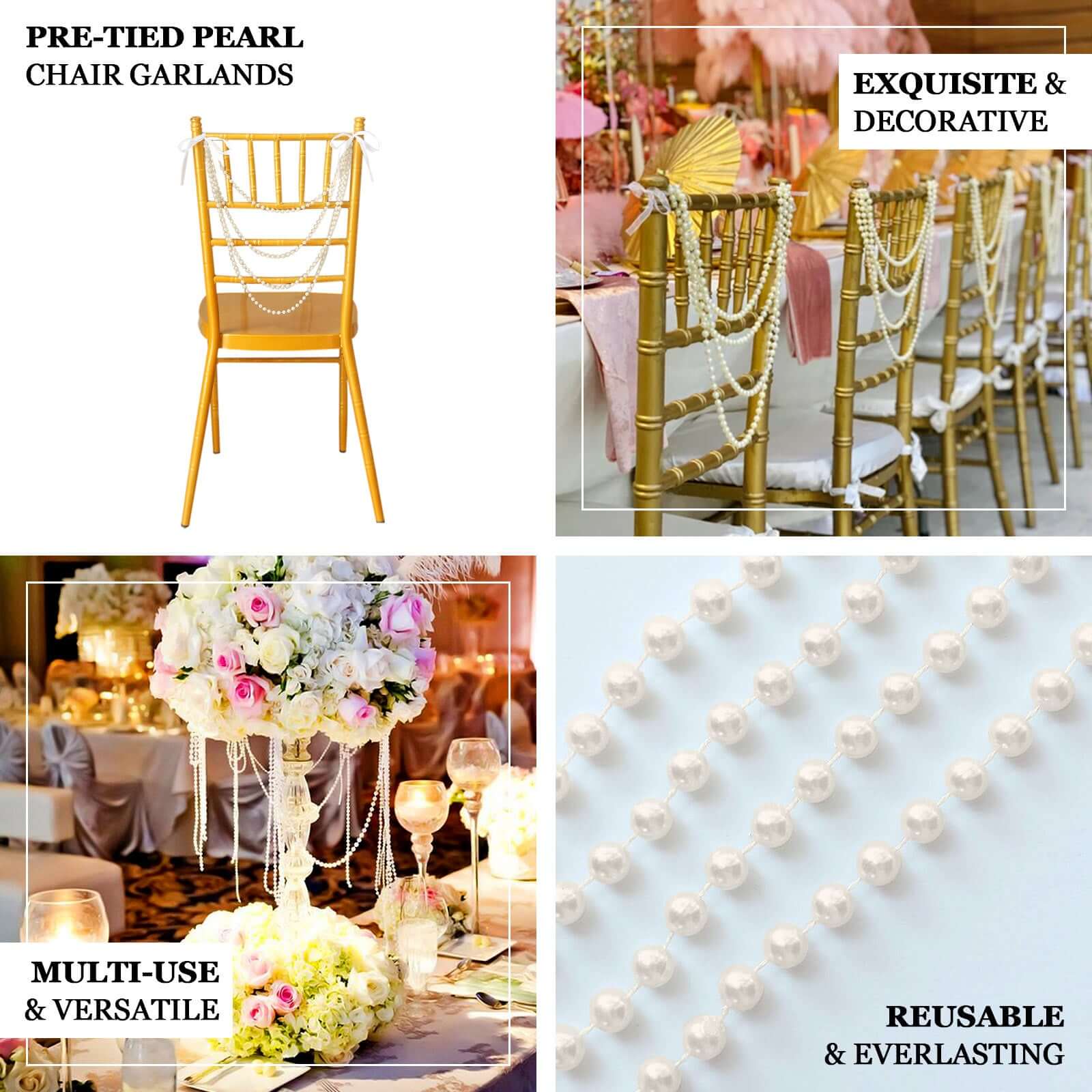 Faux Pearl Beaded 16" Chair Back Garland Sash Ivory Gatsby-Inspired Style - Pre-Tied Chic Wedding Decor for Chiavari Chairs - Image 2
