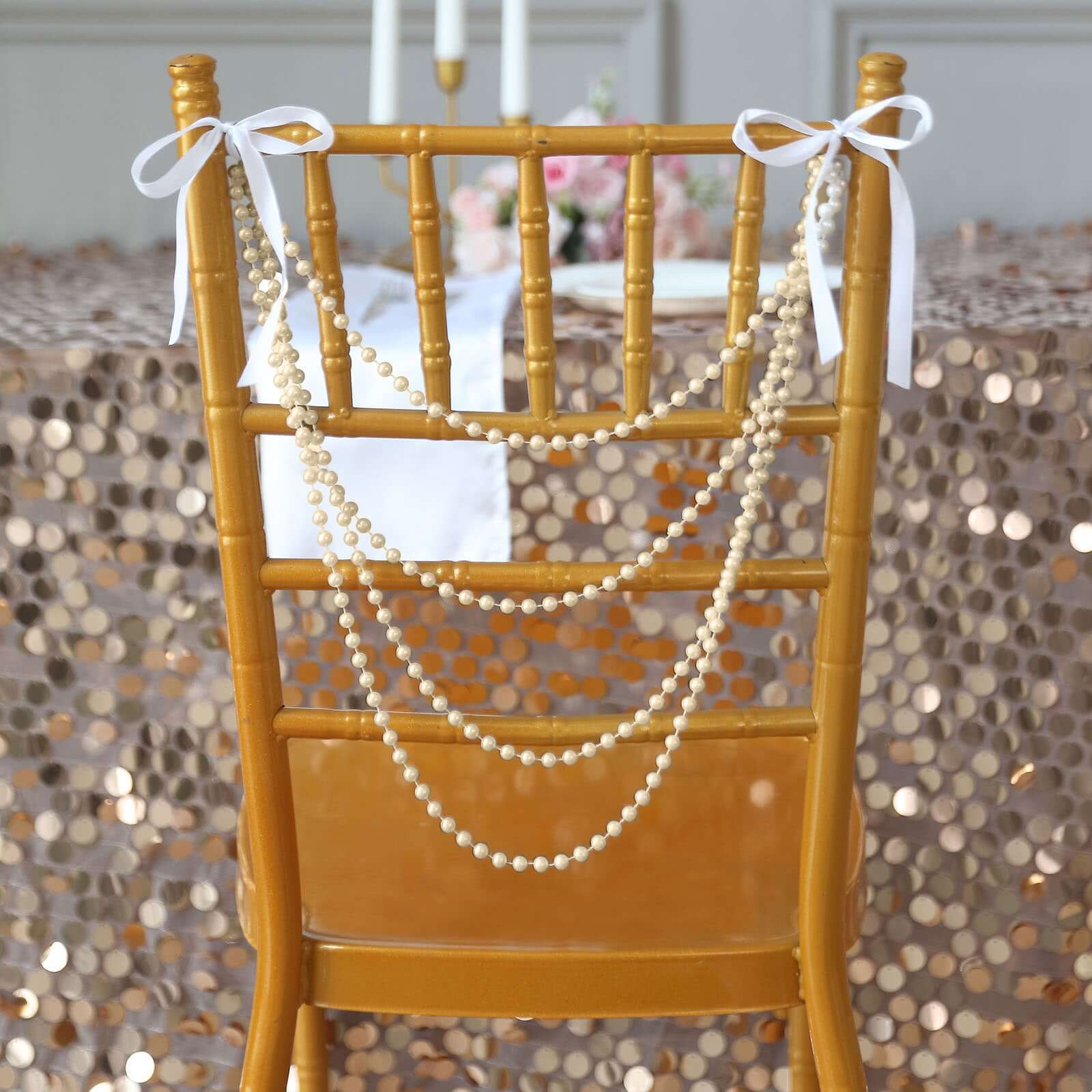 Faux Pearl Beaded 16" Chair Back Garland Sash Ivory Gatsby-Inspired Style - Pre-Tied Chic Wedding Decor for Chiavari Chairs - Image 8