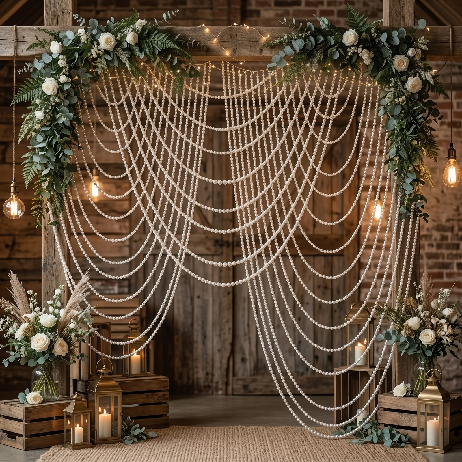 Faux Pearl Beaded Curtain – White Triple Swag Valance Backdrop for Doorway, Arch or Wall Décor, 6.5ft x 6.5ft