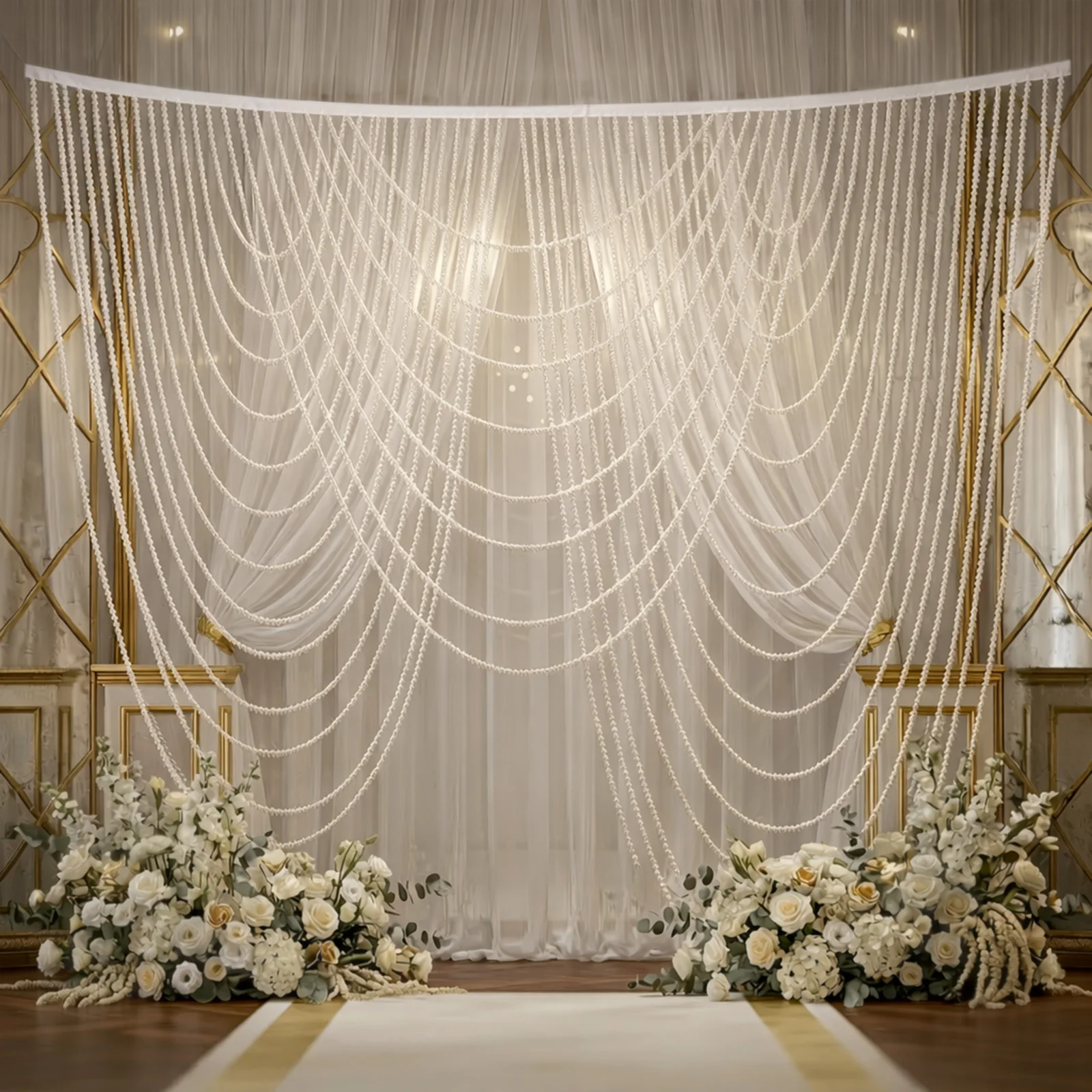 Faux Pearl Beaded Curtain – White Triple Swag Valance Backdrop for Doorway, Arch or Wall Décor, 6.5ft x 6.5ft - Image 3