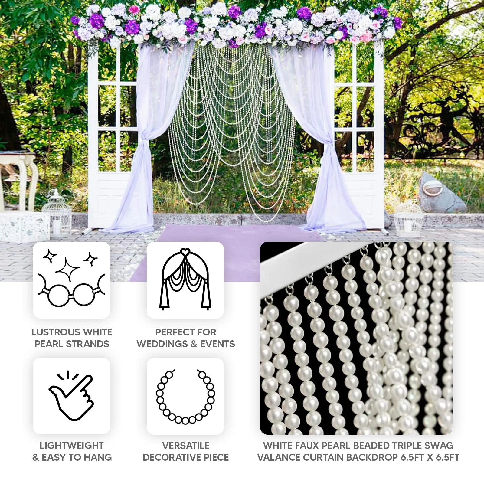 Faux Pearl Beaded Curtain – White Triple Swag Valance Backdrop for Doorway, Arch or Wall Décor, 6.5ft x 6.5ft - Image 4