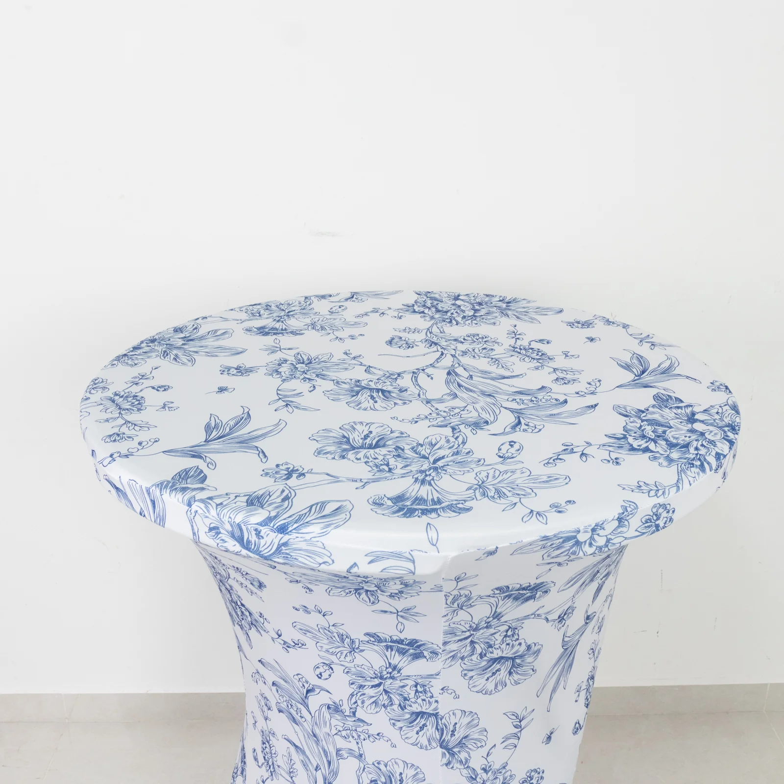 Spandex Round Cocktail Table Cover – Blue & White French Toile, 30" Highboy Stretch Fitted Tablecloth - Image 2