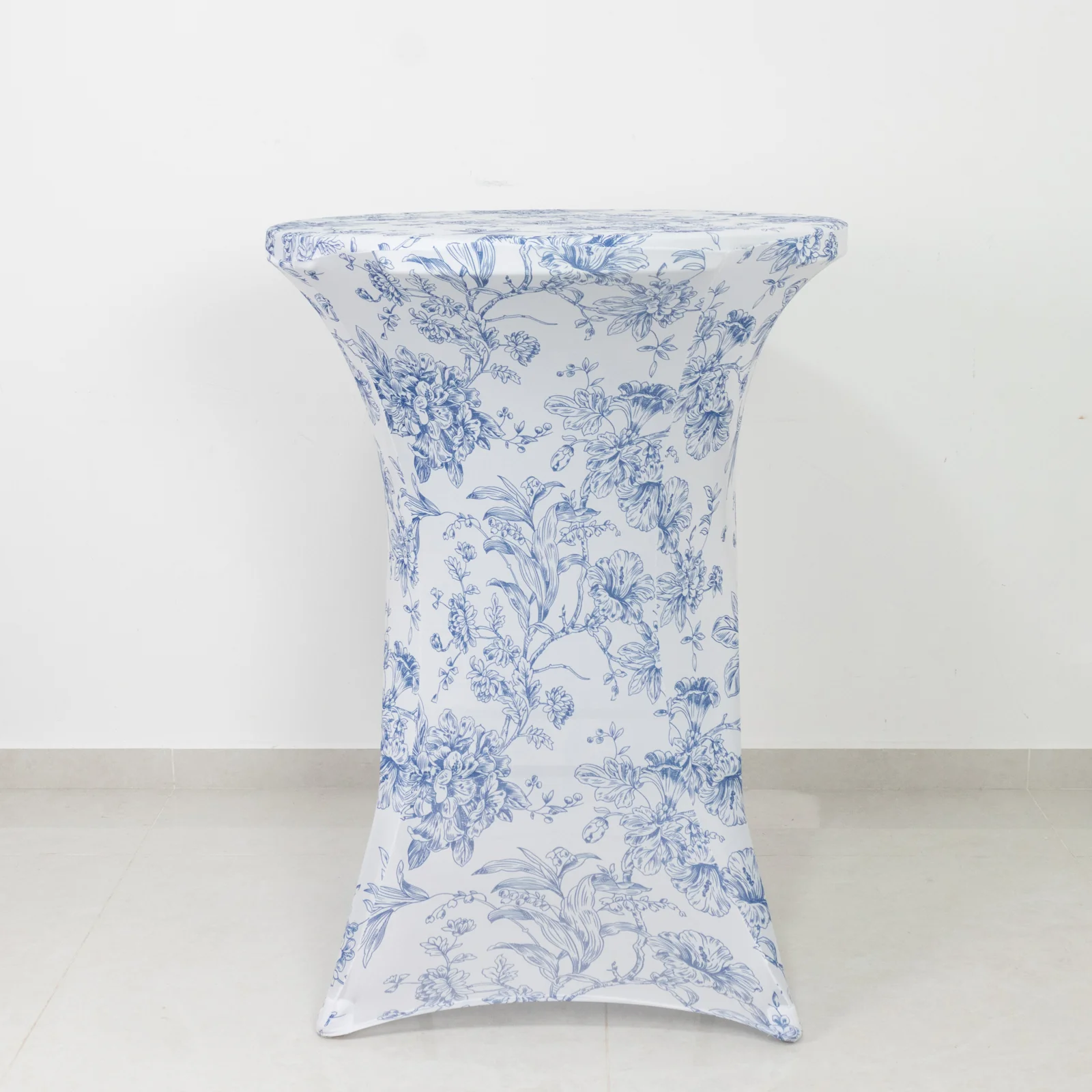 Spandex Round Cocktail Table Cover – Blue & White French Toile, 30" Highboy Stretch Fitted Tablecloth - Image 5