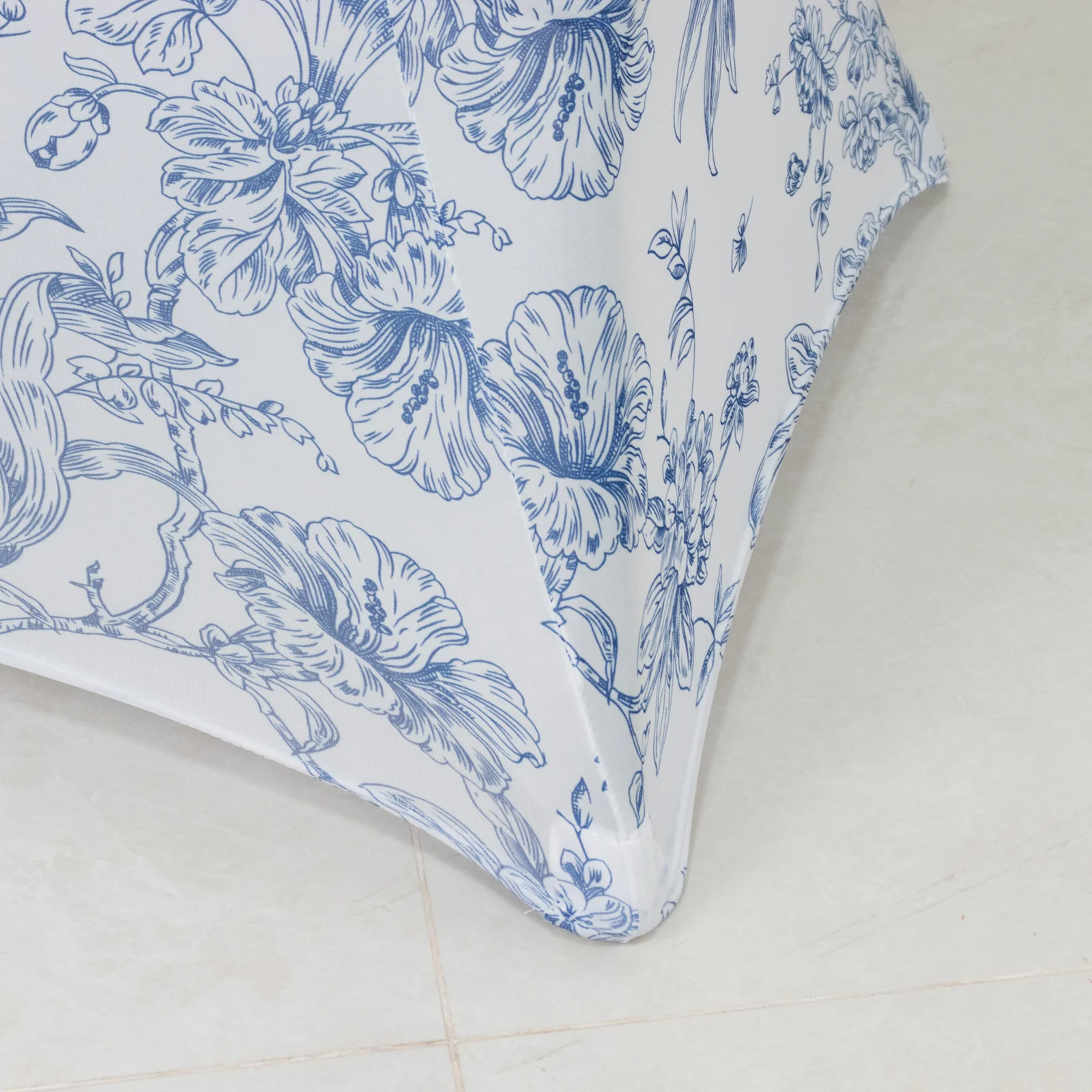 Spandex Round Cocktail Table Cover – Blue & White French Toile, 30" Highboy Stretch Fitted Tablecloth - Image 7