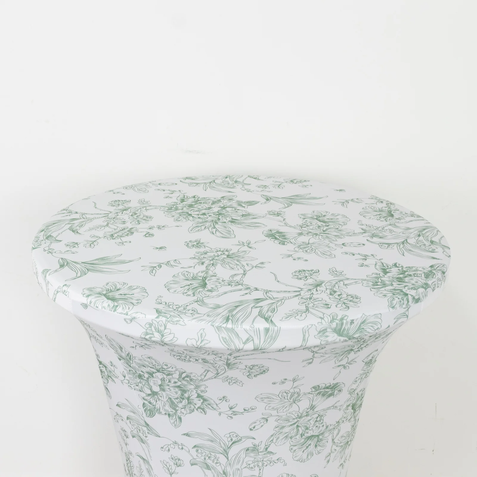 Spandex Round Cocktail Table Cover – Dusty Sage Green & White French Toile, 30" Highboy Stretch Fitted Tablecloth - Image 2