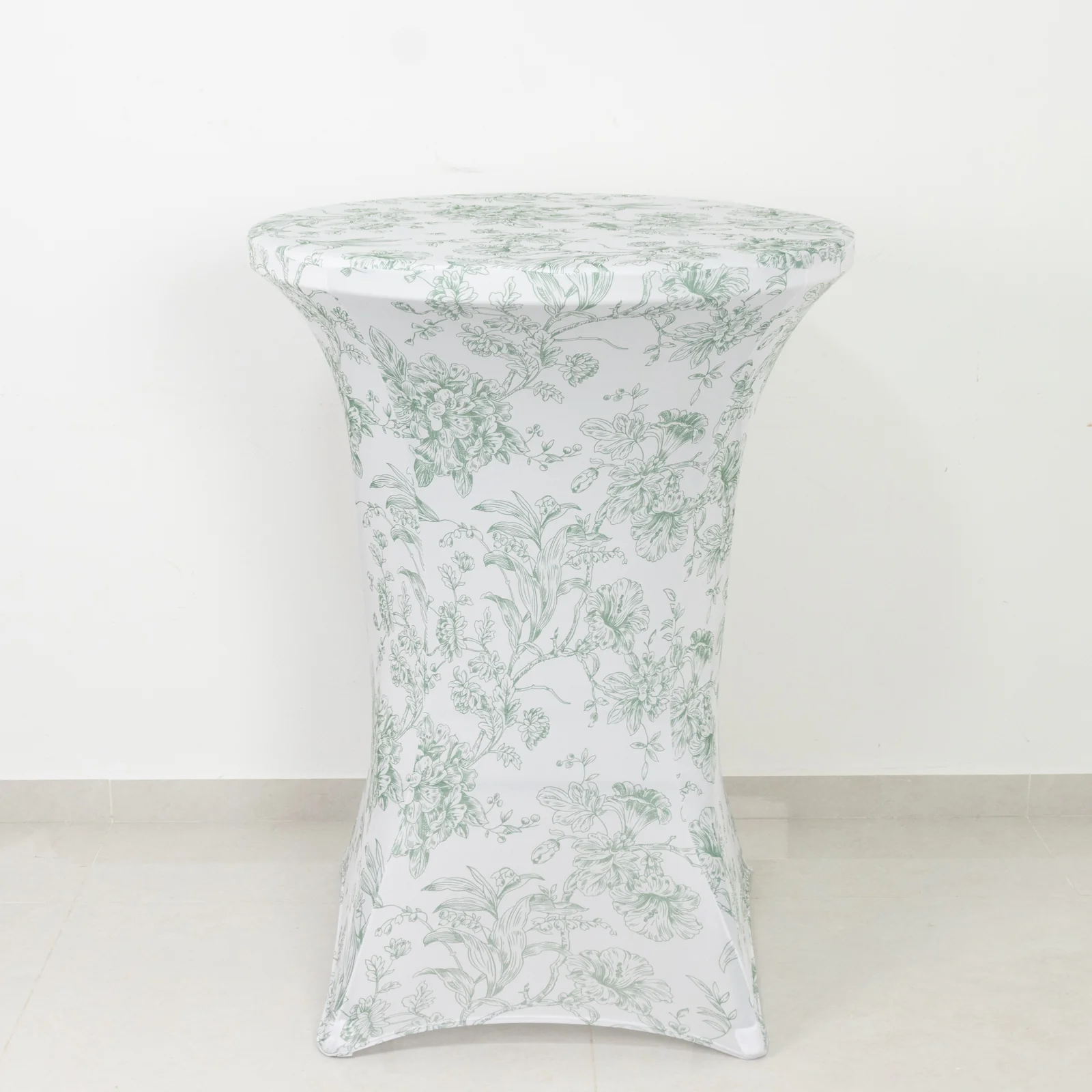 Spandex Round Cocktail Table Cover – Dusty Sage Green & White French Toile, 30" Highboy Stretch Fitted Tablecloth - Image 5