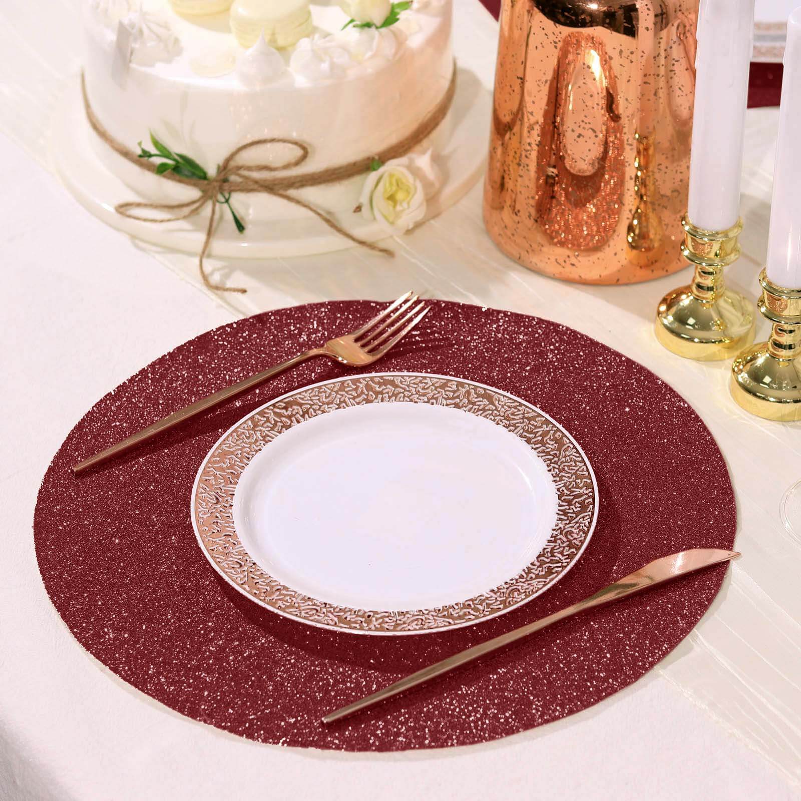 6-Pack Placemats Glitter Design Burgundy Sparkle Round - Non-Slip Decorative Dining Table Mats 13" - Image 2