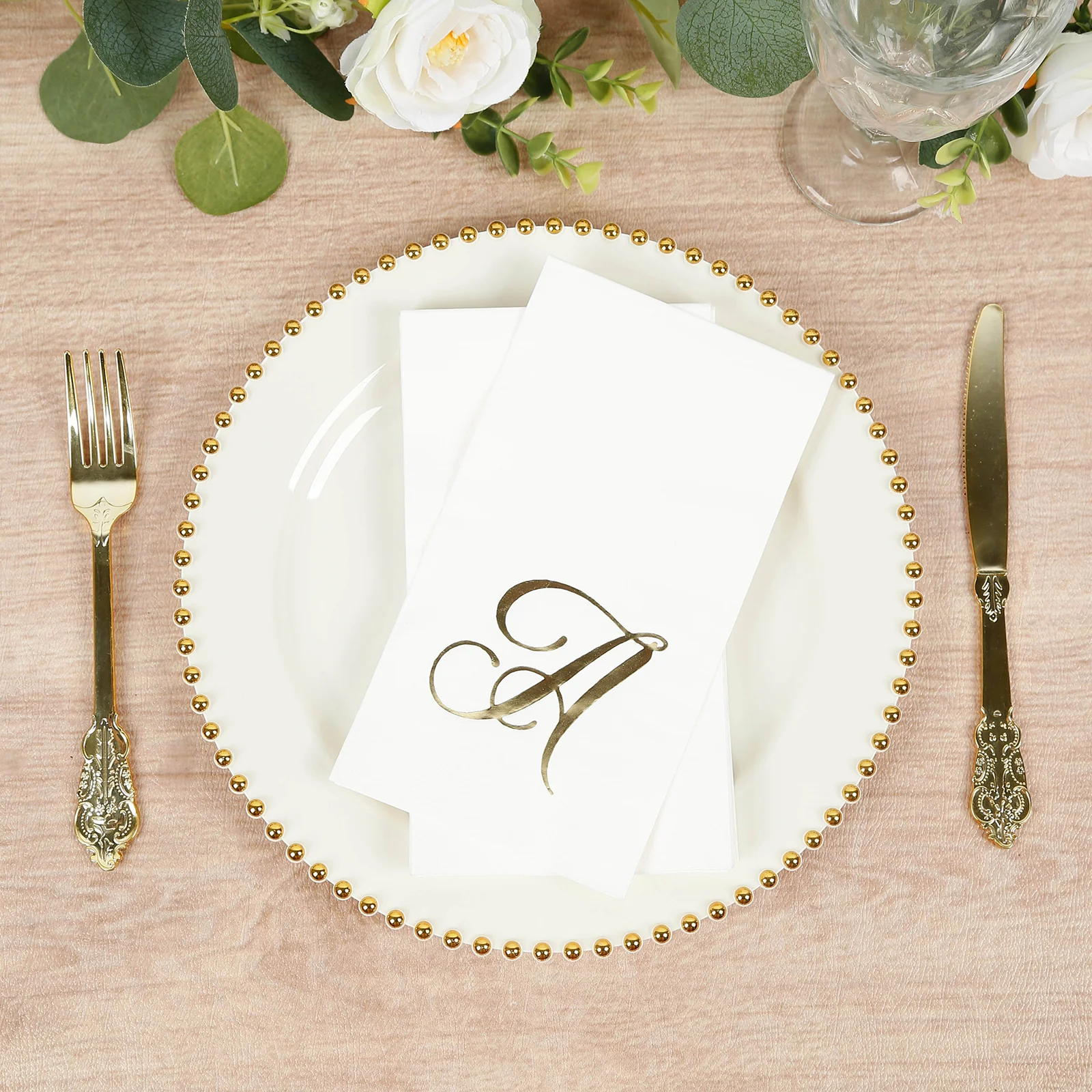 100 Paper Dinner Napkins White with Gold Foil Monogram "A" – 8"x4" Folded, Disposable Party Napkins - Image 8