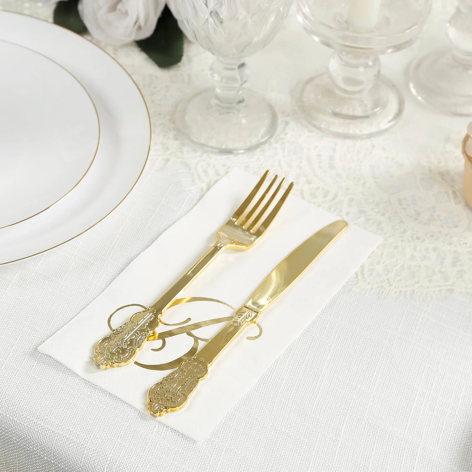 100 Paper Dinner Napkins White with Gold Foil Monogram "B" – 8"x4" Folded, Disposable Party Napkins - Image 2