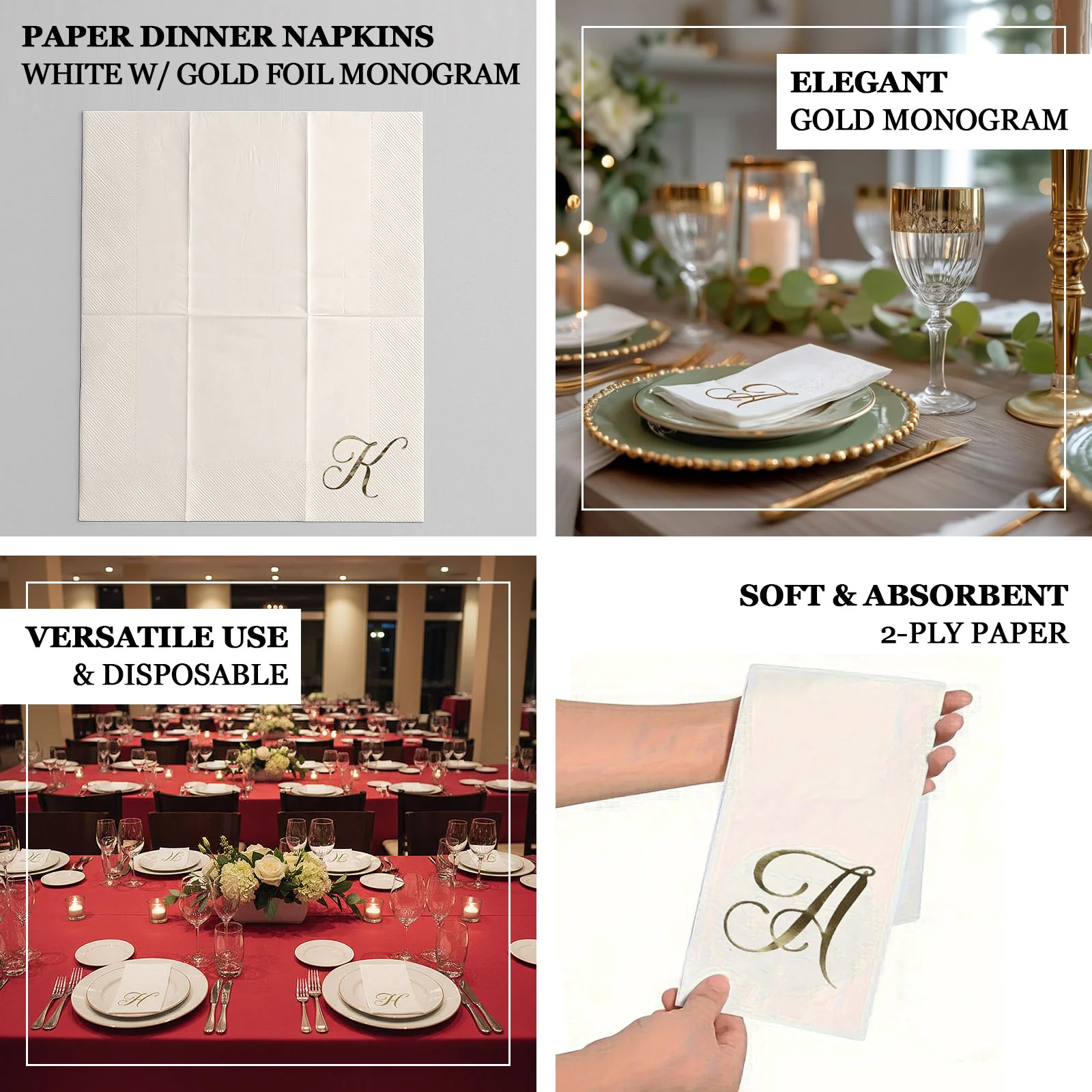100 Paper Dinner Napkins White with Gold Foil Monogram "D" – 8"x4" Folded, Disposable Party Napkins - Image 4