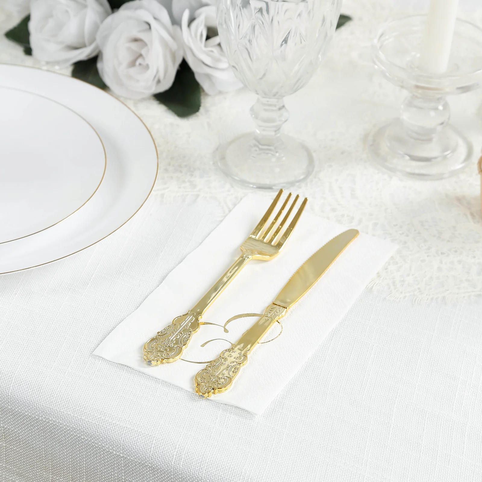 100 Paper Dinner Napkins White with Gold Foil Monogram "E" – 8"x4" Folded, Disposable Party Napkins - Image 2