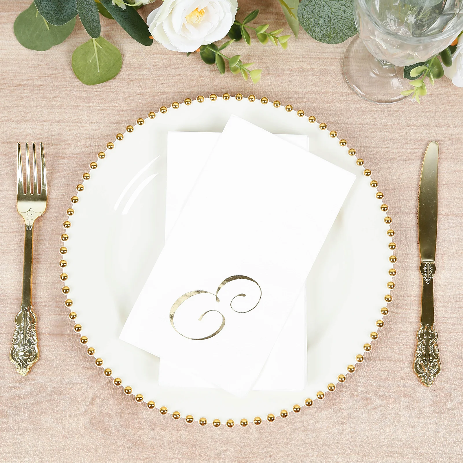 100 Paper Dinner Napkins White with Gold Foil Monogram "E" – 8"x4" Folded, Disposable Party Napkins - Image 8