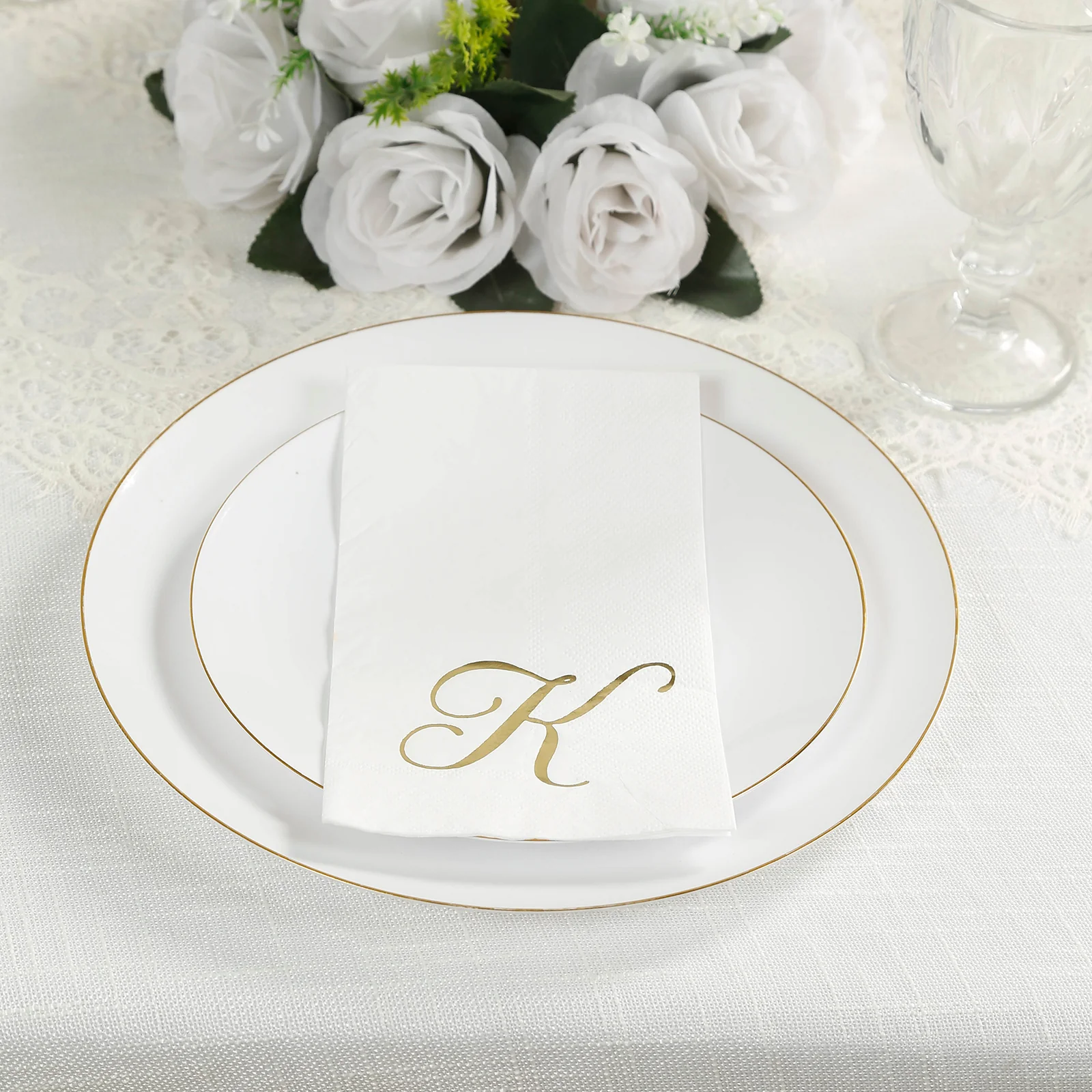 100 Paper Dinner Napkins White with Gold Foil Monogram "K" – 8"x4" Folded, Disposable Party Napkins
