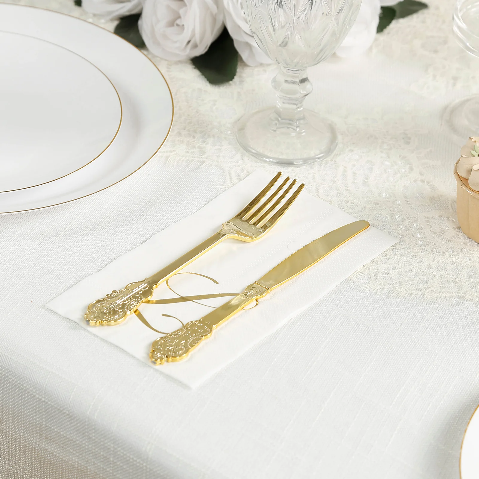 100 Paper Dinner Napkins White with Gold Foil Monogram "L" – 8"x4" Folded, Disposable Party Napkins - Image 2
