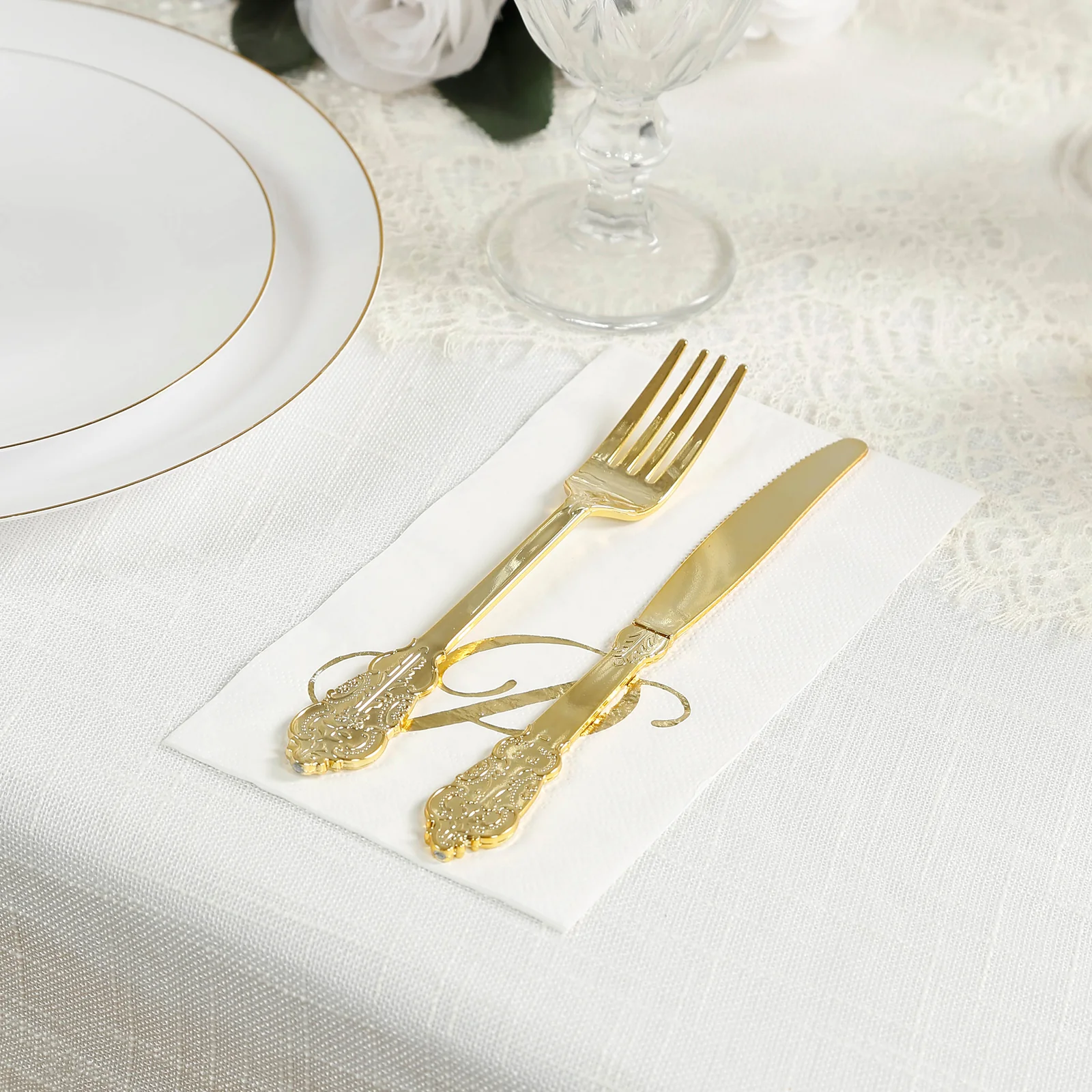 100 Paper Dinner Napkins White with Gold Foil Monogram "P" – 8"x4" Folded, Disposable Party Napkins - Image 2