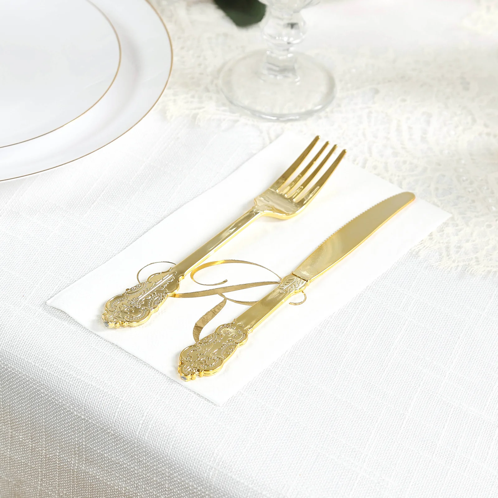 100 Paper Dinner Napkins White with Gold Foil Monogram "R" – 8"x4" Folded, Disposable Party Napkins - Image 2