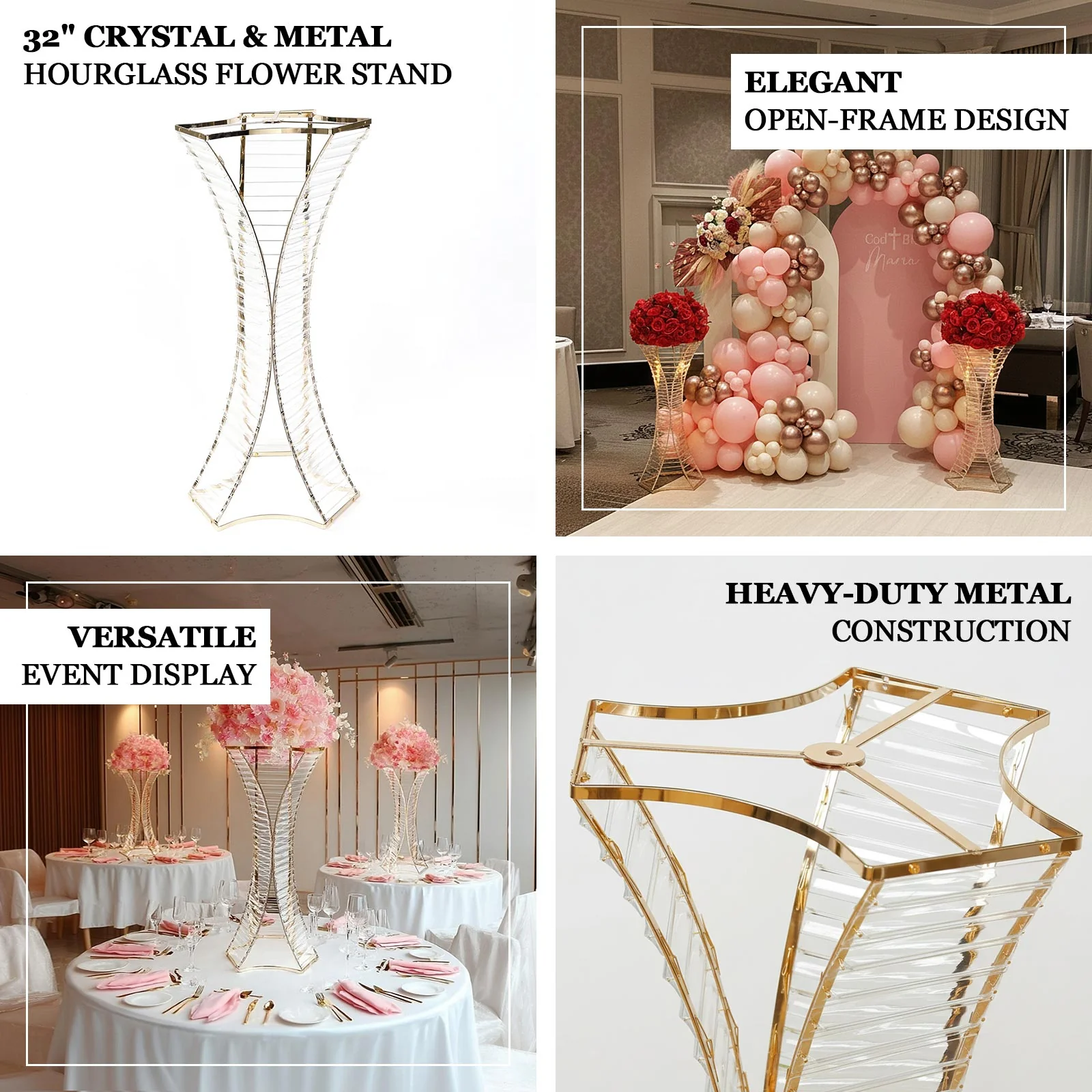 32" Crystal Pendant Flower Stand with Gold Metal Frame – Hourglass Column Vase Holder for Floral Arrangements & Table Centerpieces - Image 4