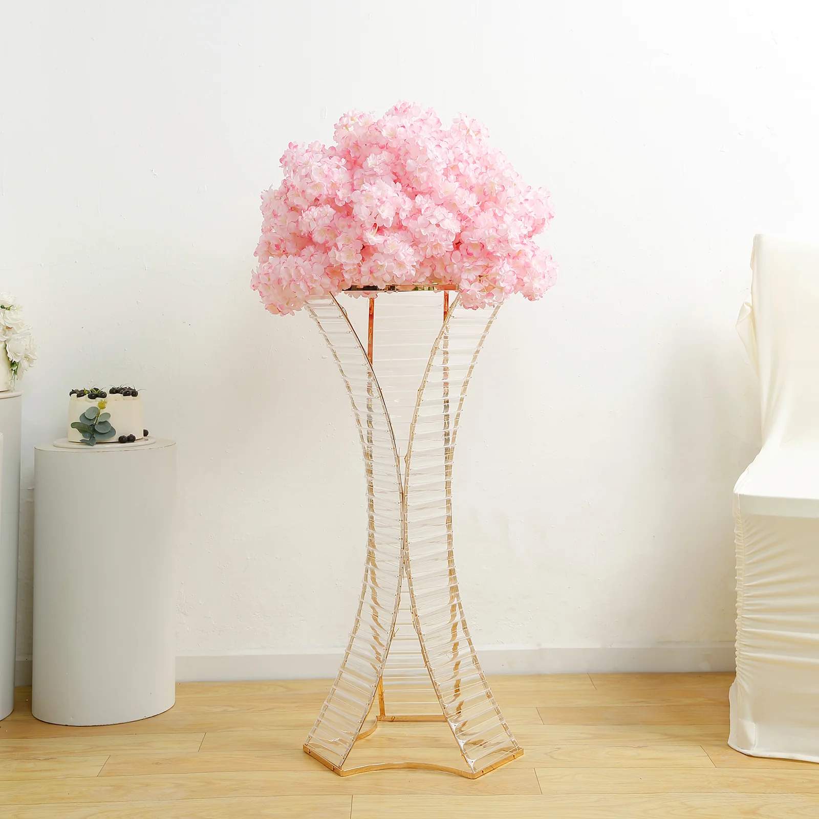 32" Crystal Pendant Flower Stand with Gold Metal Frame – Hourglass Column Vase Holder for Floral Arrangements & Table Centerpieces - Image 8