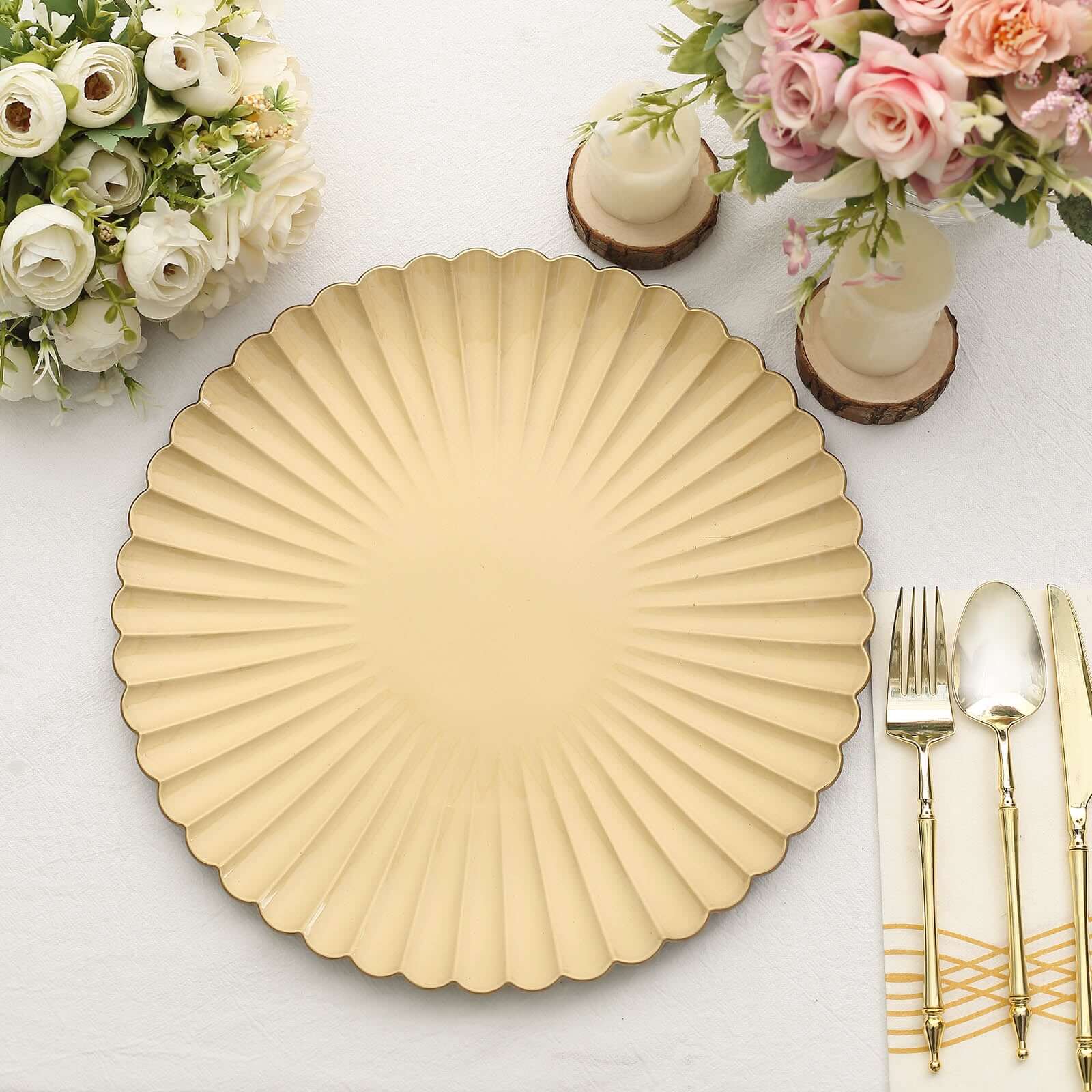 6-Pack Plastic Round Charger Plates 13" in Gold with Scalloped Shell Pattern, Coastal Inspired Disposable Charger Tableware - Image 5