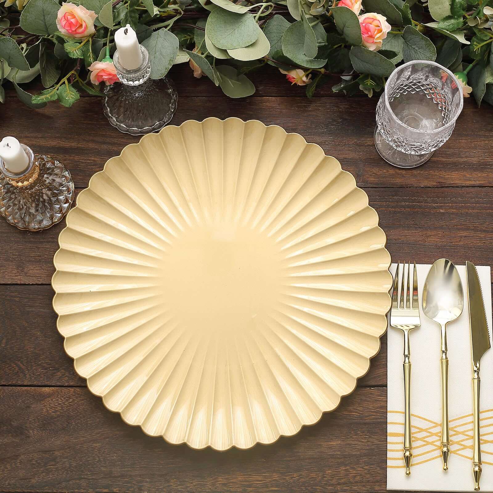 6-Pack Plastic Round Charger Plates 13" in Gold with Scalloped Shell Pattern, Coastal Inspired Disposable Charger Tableware - Image 6