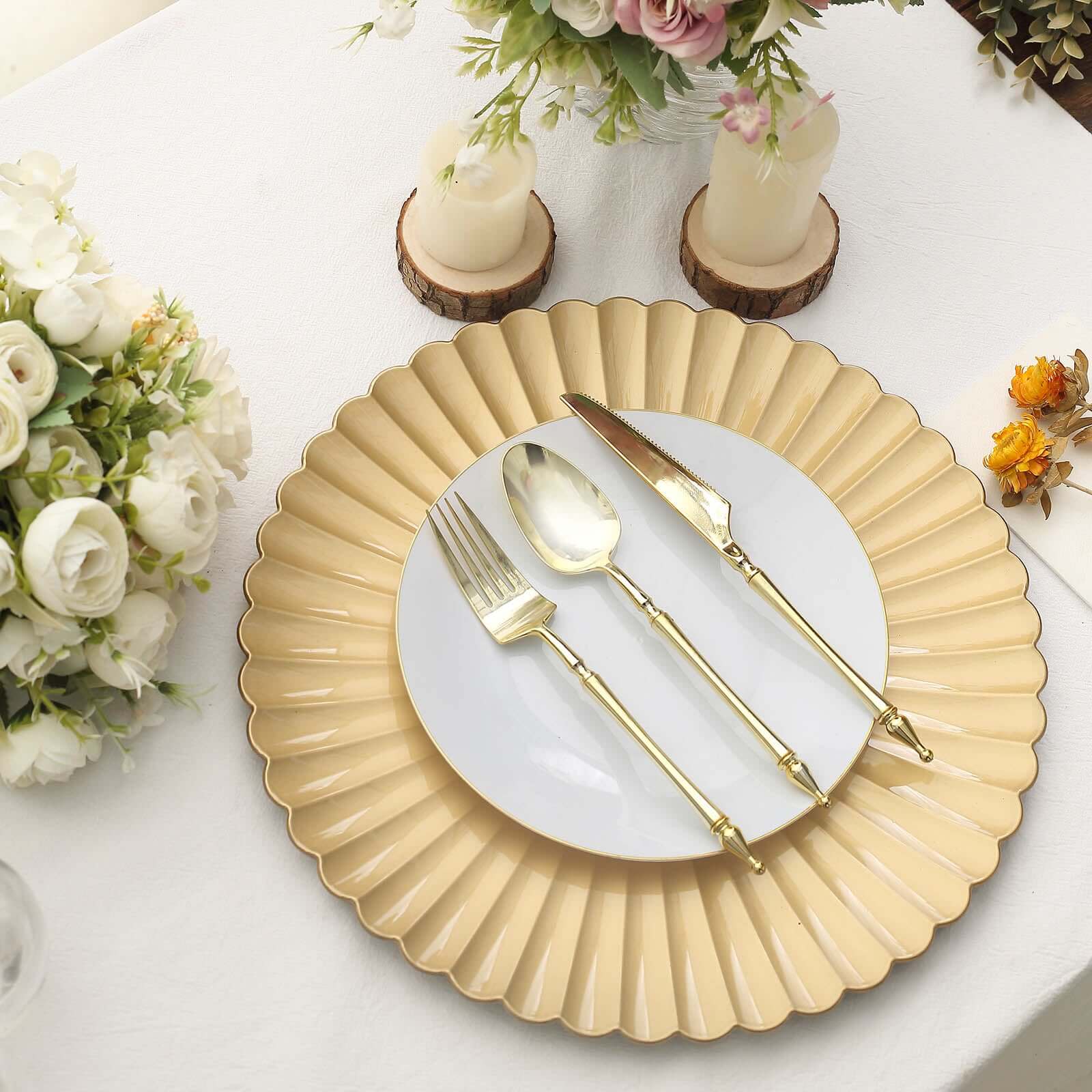 6-Pack Plastic Round Charger Plates 13" in Gold with Scalloped Shell Pattern, Coastal Inspired Disposable Charger Tableware - Image 8