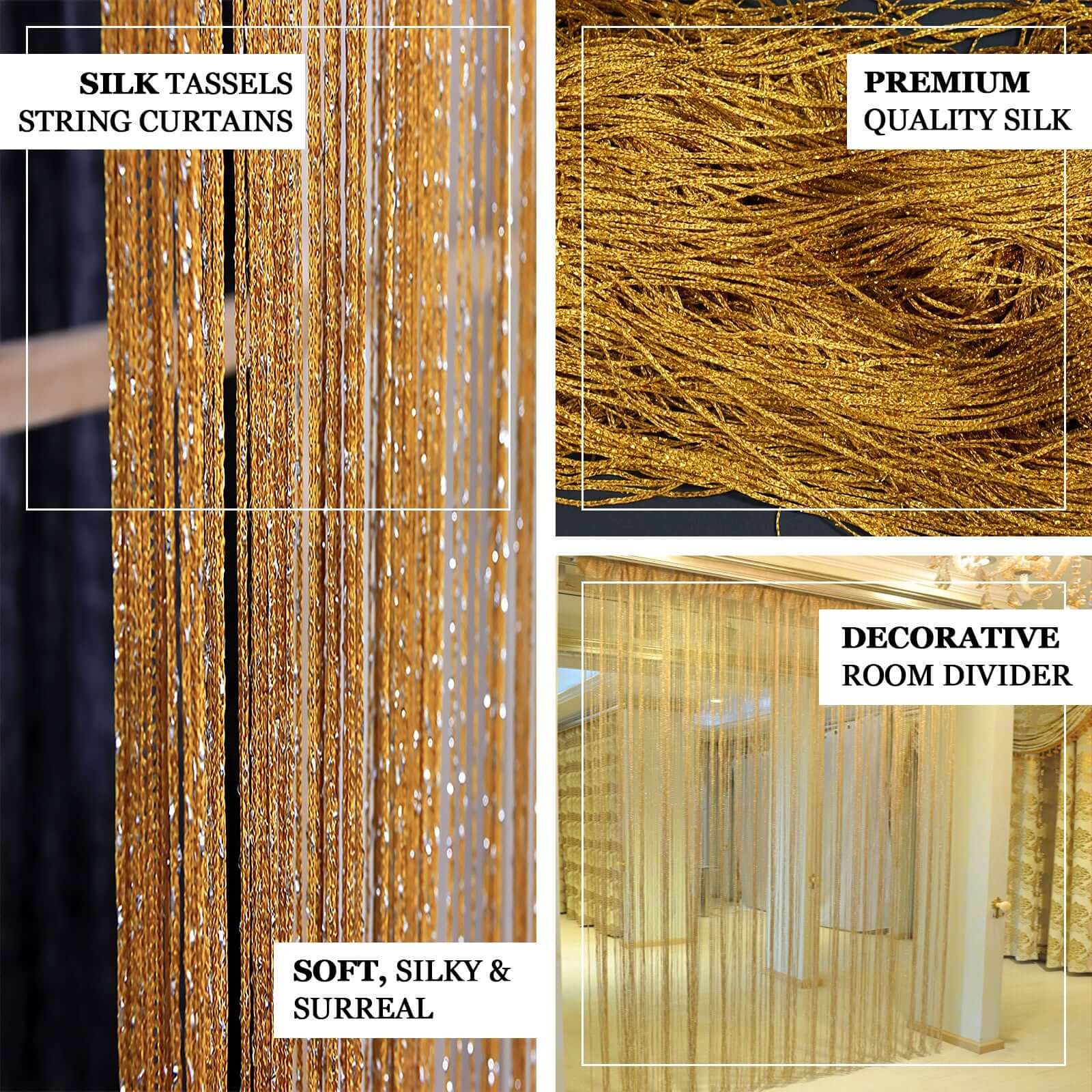 3ftx8ft Gold Silk Tassel String Curtains, Decorative Room Divider Panels - Image 11