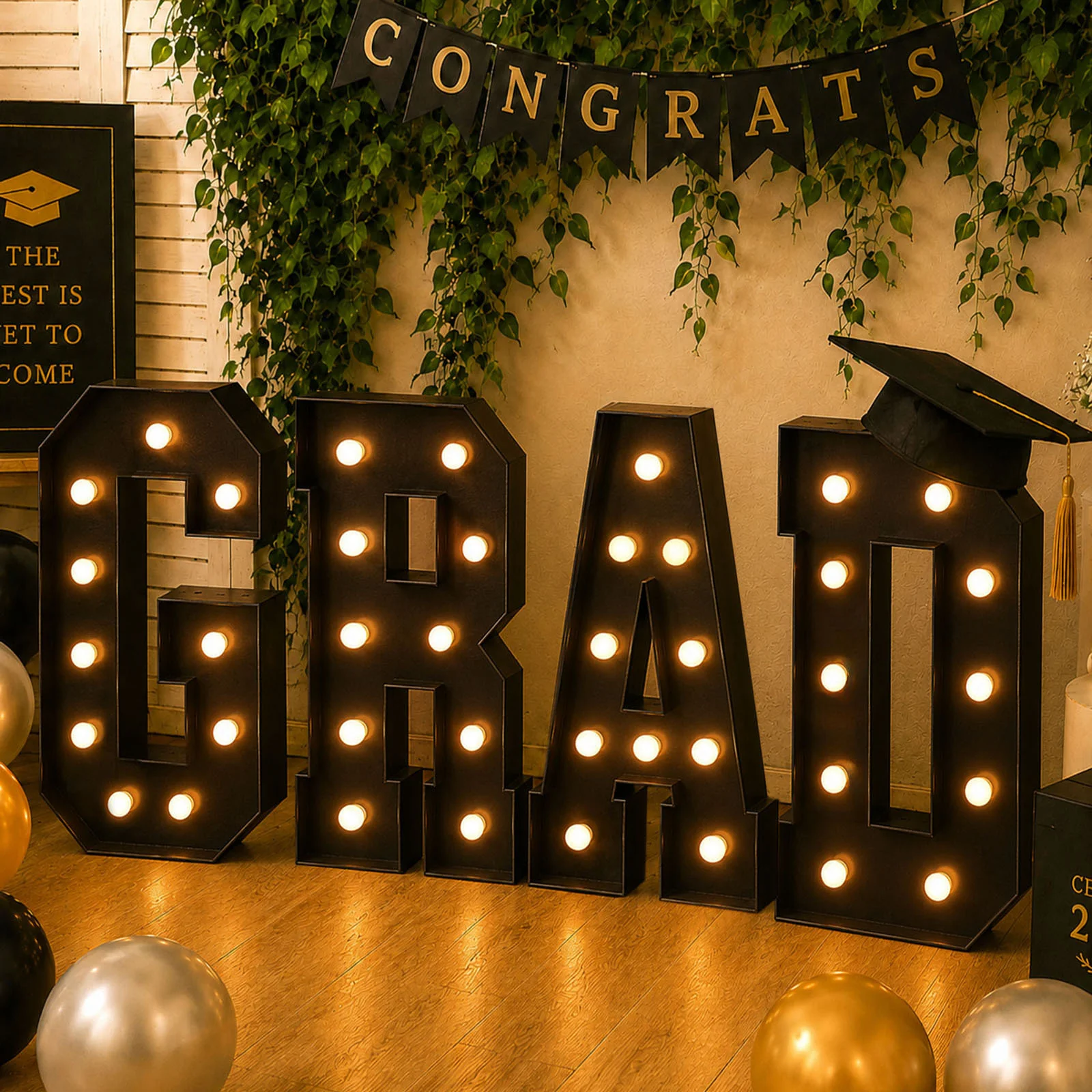 Giant LED Marquee Light Up Letters "GRAD", Black 4ft Pre-Cut Foam Board with Warm White Battery Operated LEDs, Glue Gun and Sticks