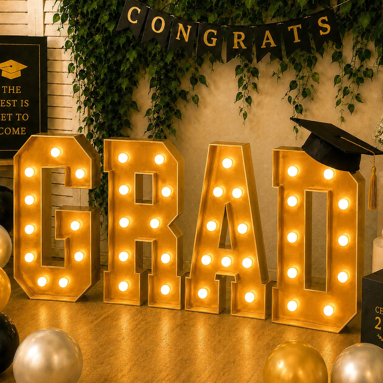 Giant LED Marquee Light Up Letters "GRAD", Gold 4ft Pre-Cut Foam Board with Warm White Battery Operated LEDs, Glue Gun and Sticks