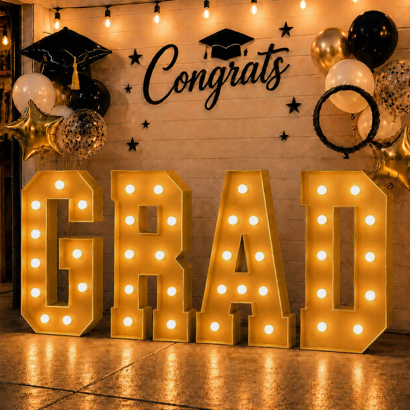 Giant LED Marquee Light Up Letters "GRAD", Gold 4ft Pre-Cut Foam Board with Warm White Battery Operated LEDs, Glue Gun and Sticks - Image 3