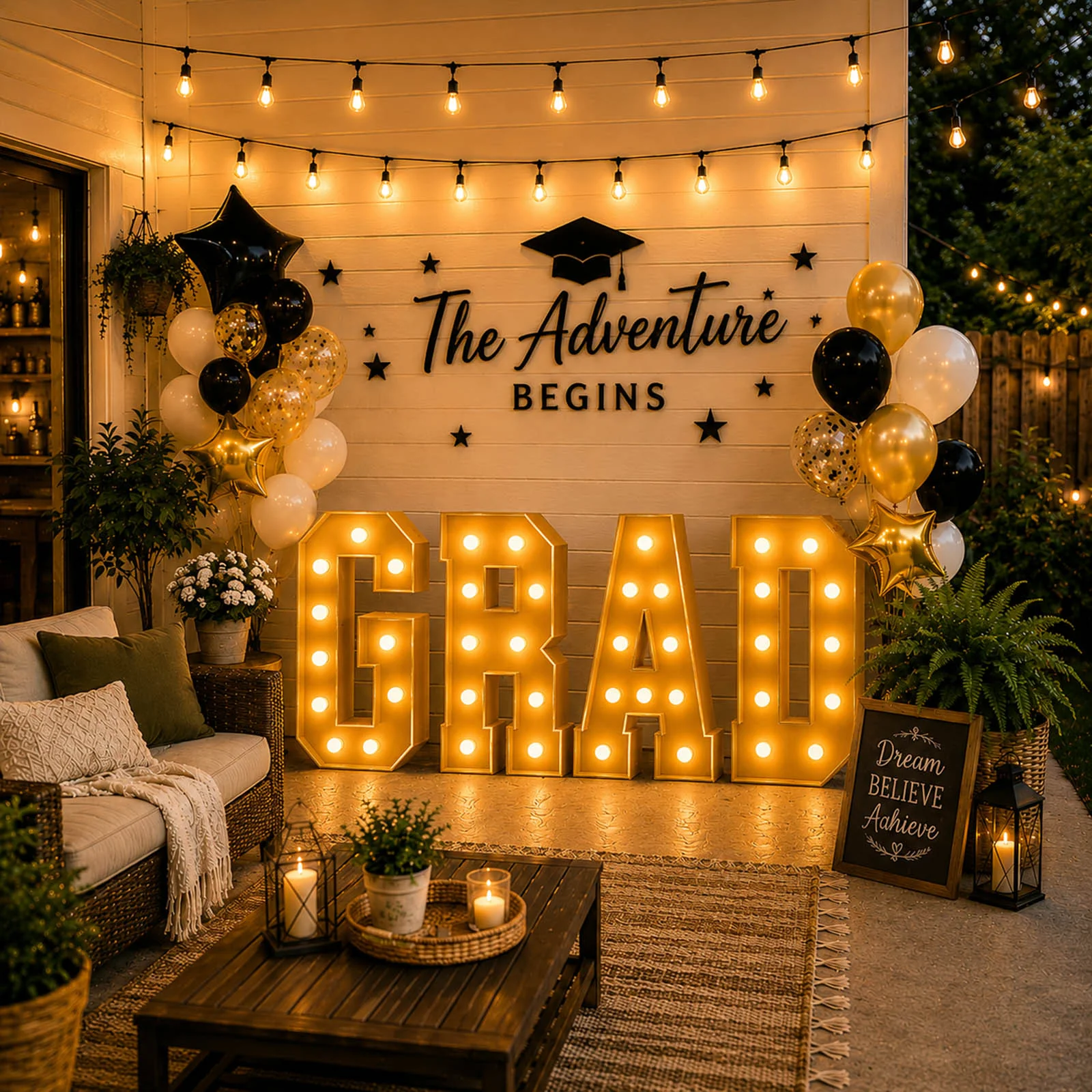Giant LED Marquee Light Up Letters "GRAD", Gold 4ft Pre-Cut Foam Board with Warm White Battery Operated LEDs, Glue Gun and Sticks - Image 4